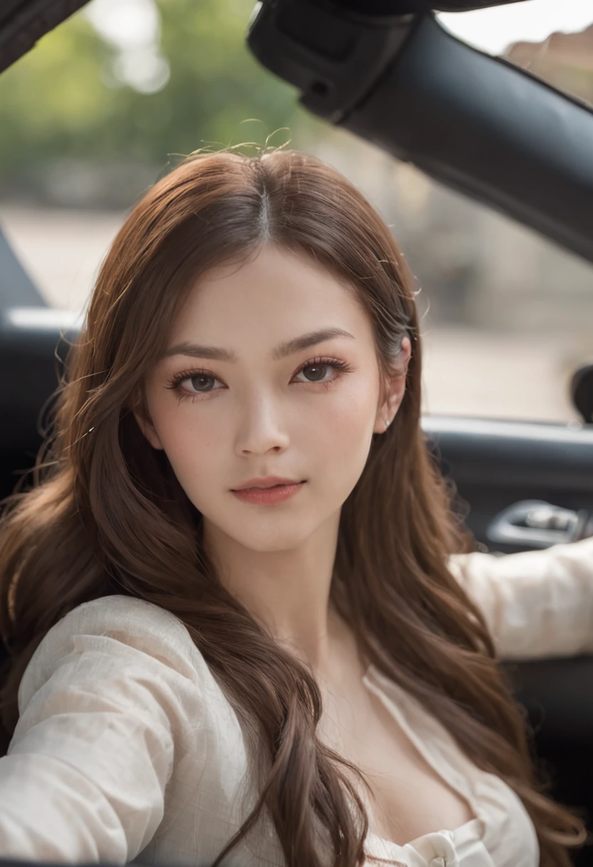 ccurate, Best Quality, Master Parts, hyper HD, high detal, Awarded, (amazing:1.1), (Ultra-realistic realism), concept-art, hentail realism, Cinematic lighting(8 life-size)), detailed hairstyle, detailed bodyline, tre anatomically correct,Image of gravure woman driving a car 8k Beautie high-level image quality seminude