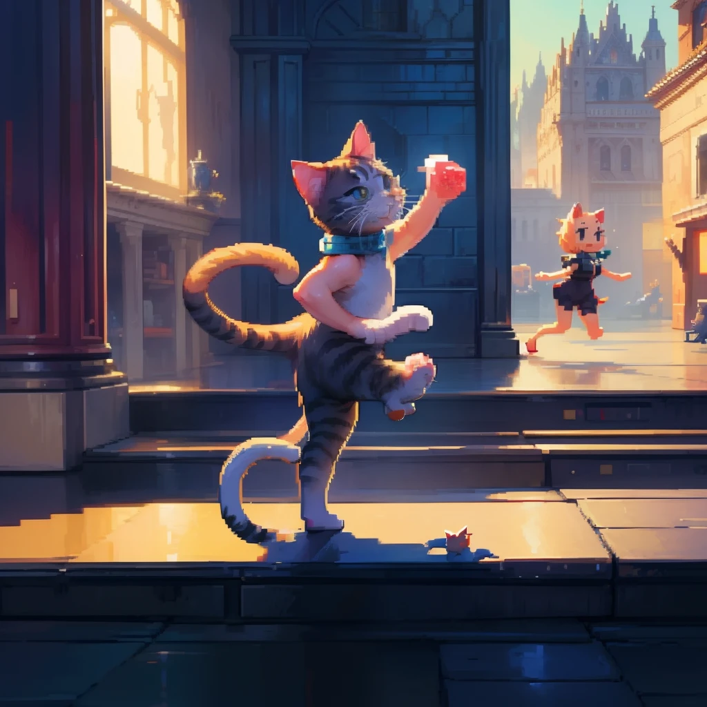 top-quality, masterpiece, Rough pixel art, Pixel art, Cat standing and dancing, Cats dancing around