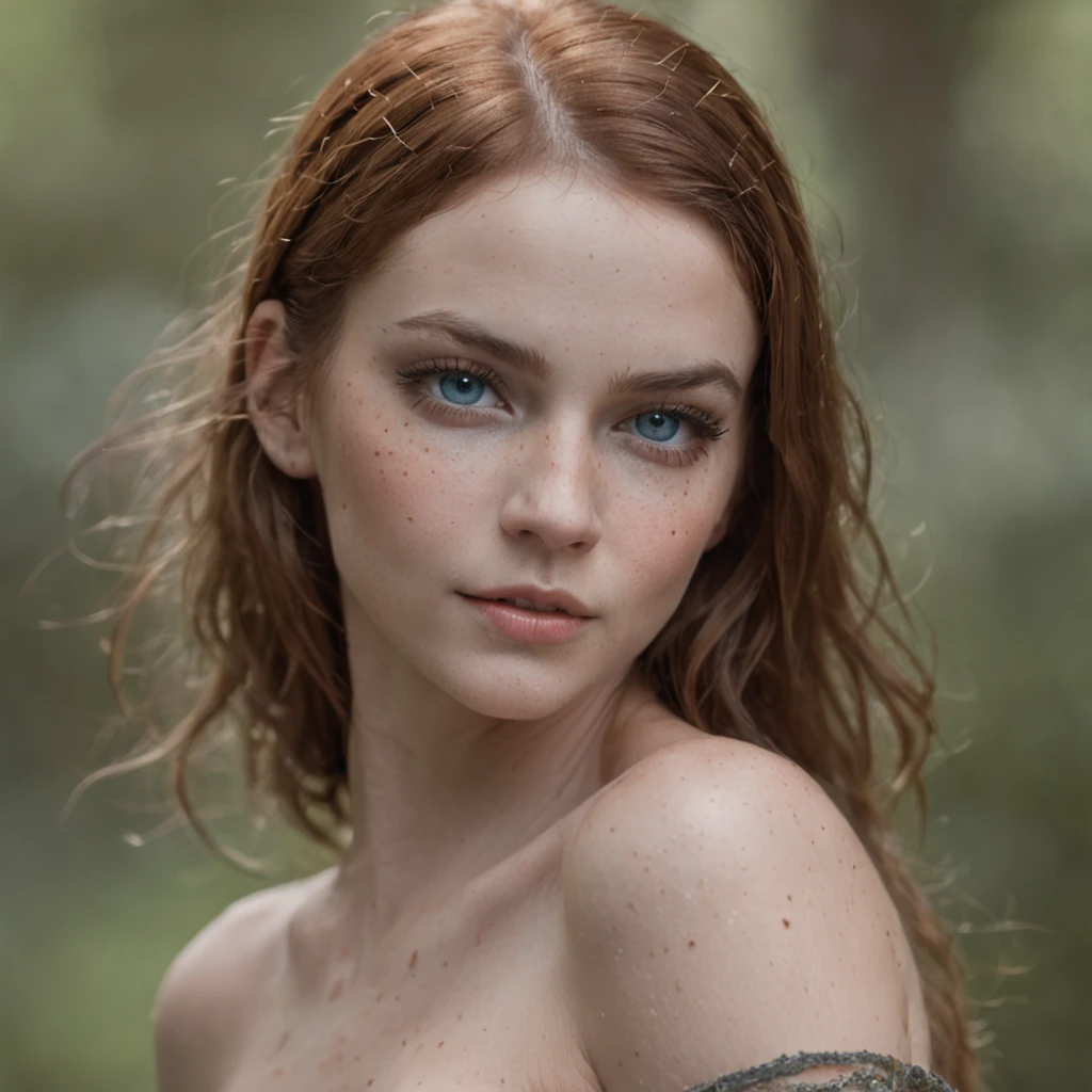 A portrait of an elf girl with freckles and bright blue eyes posing for a full-body photo, hombros desnudos, muscular, caber, Conjunto de ABS, Tangas, (Celebridades de Cameltoe) pecas blancas, Cabello verde largo y suelto volando, resplandor brillante, beautiful pale makeup, Retrato en color, Retrato impresionante, pecas elegantes, usando tangas negras con runas brillantes de poder, Guantes negros, Brillo de estrellas, Gold dust spread across his skin and face, (oscuro, Fotos hiperrealistas (((retrato))) refraction ,Dark background of the magical night forest, maderas profundas, Ruinas imponentes, cielos estrellados