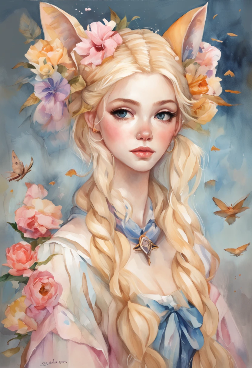 a beautiful masterpiece artwork picture of a girl. She is half-bat, and has long bat ears, and a fluffy neck scarf. She has bat wings on her back The colors are pastel and muted. The color palette consists mostly of yellow, blue and pink, she has blonde hair with blue streaks styled in buns. she wears a short pleated skirt that is very fashionable. She is sitting in a throne made out of sweets and pastries. For example donuts, sprinkles, candy, lollipops, candycane, cake, cupcakes, cakepops. The picture has polka dot patterns and other cute aesthetics