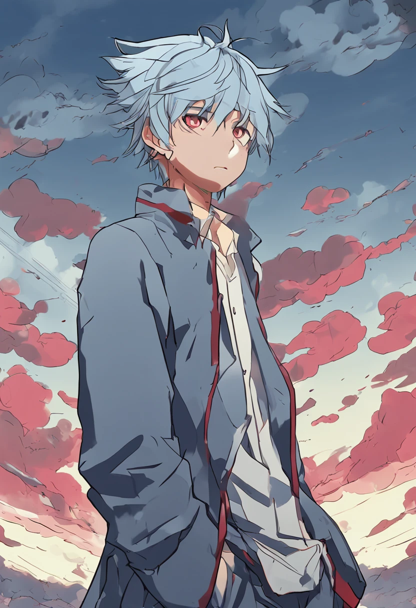 Anime boy with blue hair and red eyes standing in front of an overcast sky, anime moe artstyle, estilo anime 4K, Estilo de arte ufotable, Foto de perfil de Rimuru Tempest, Tempestade Rimuru, foto de rosto completo de Rimuru tempest, Papel de parede anime 4k, arte anime de alta qualidade, 4 k manga wallpaper, hd anime wallaper, badass anime