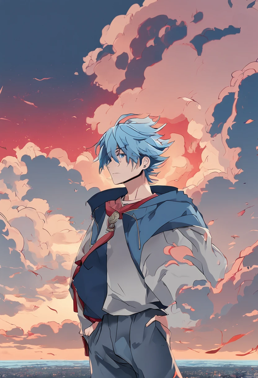 Anime boy with blue hair and red eyes standing in front of an overcast sky, anime moe artstyle, estilo anime 4K, Estilo de arte ufotable, Foto de perfil de Rimuru Tempest, Tempestade Rimuru, foto de rosto completo de Rimuru tempest, Papel de parede anime 4k, arte anime de alta qualidade, 4 k manga wallpaper, hd anime wallaper, badass anime