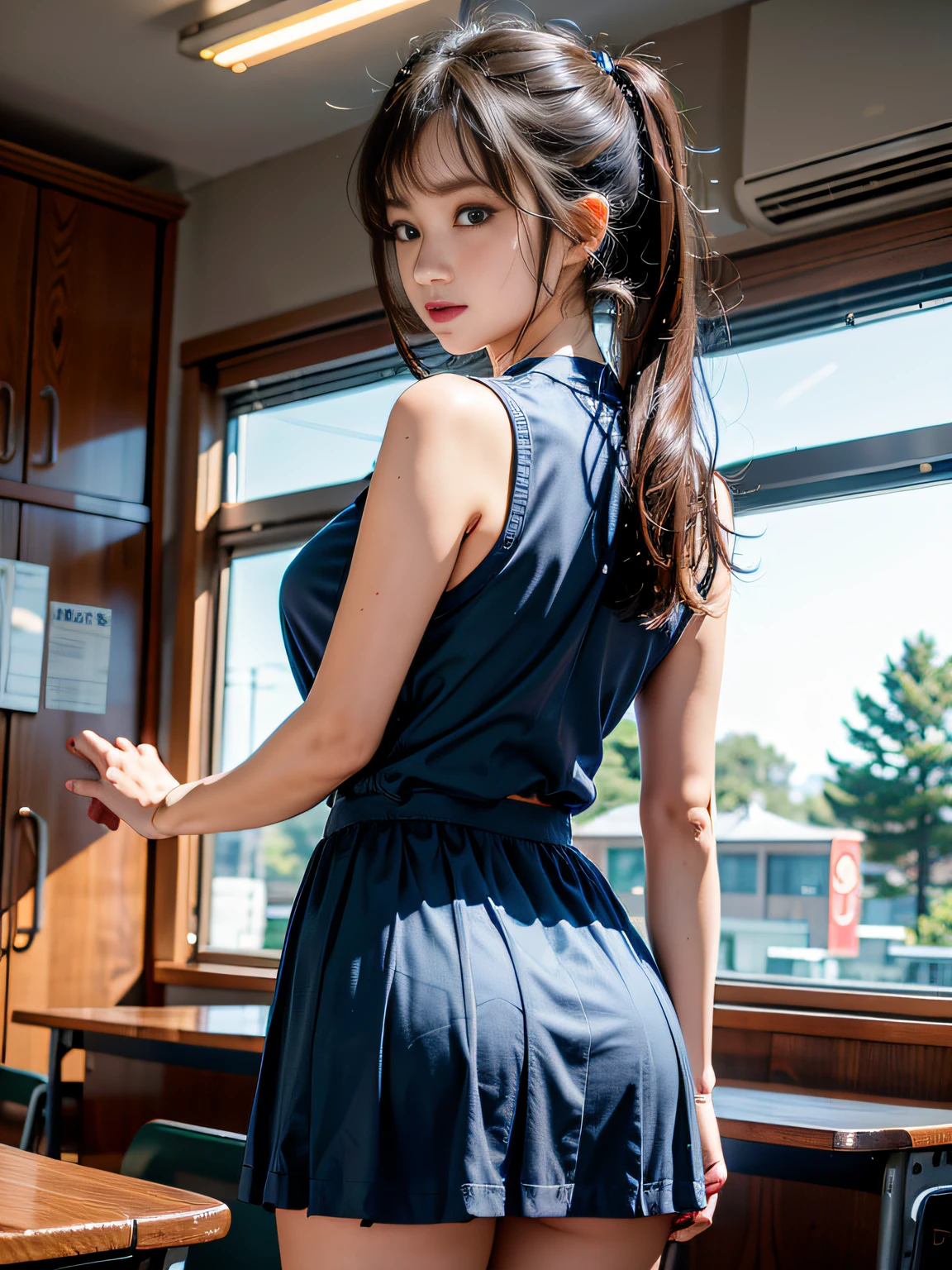 top-quality、8K、Realisticity、Big high school girl、校服、Clothes are sheer、I can't see my underwear、A miniskirt、Wearing a dark blue dress、big assa、facing back、natural feel、Natural limbs、Looking back、embarrassing looking、schools、early evening、Classroom
