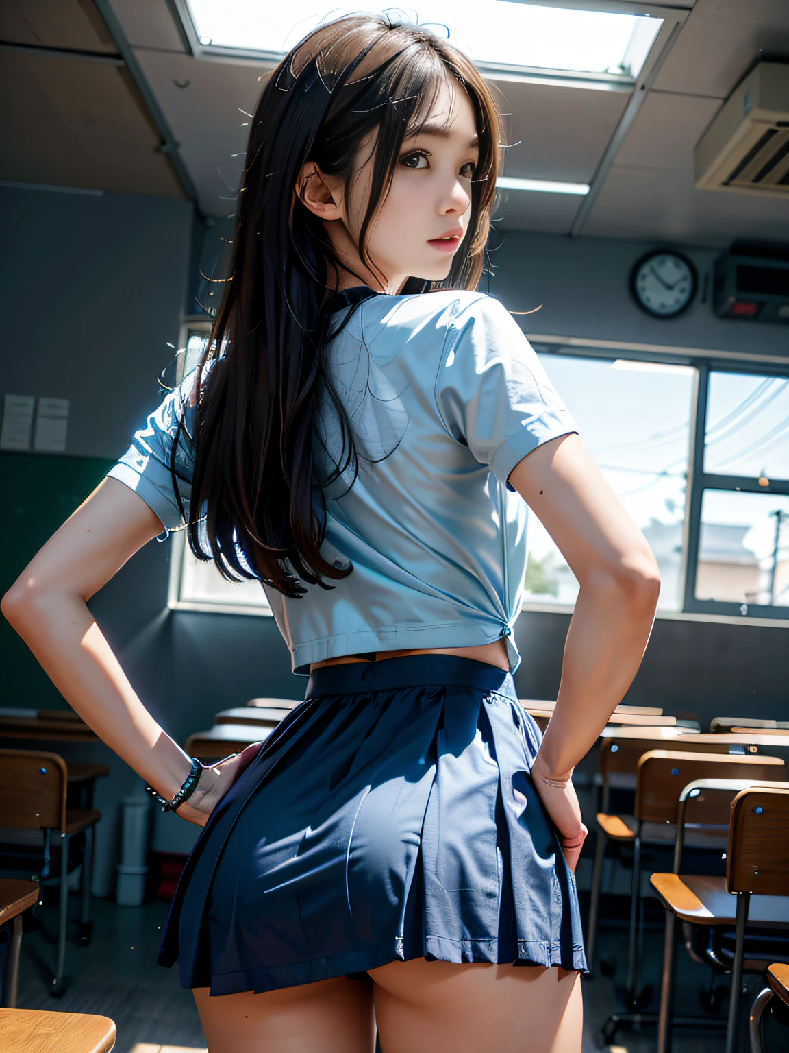 top-quality、8K、Realisticity、Big high school girl、校服、Clothes are sheer、I can't see my underwear、A miniskirt、Wearing a dark blue dress、big assa、facing back、natural feel、Natural limbs、Looking back、embarrassing looking、schools、early evening、‎Classroom