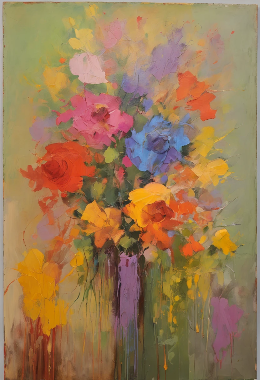 two girl standing facing each other , one girl holding bunch of flower in one hand, other hand holding dagger, hide on her back, both smiling