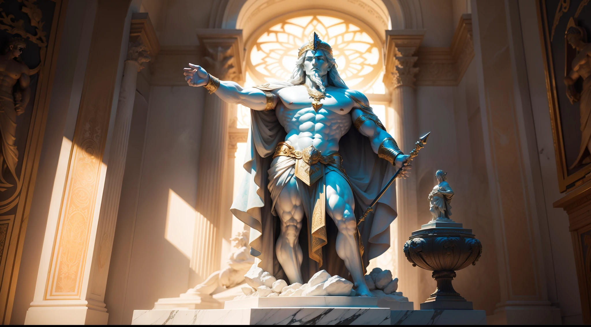 Vividly describe an imposing and muscular Greek God, carved from colored marble to enhance its divinity and grandeur. The statue represents the strength and majesty of the ancient gods, emanating an imposing presence that dominates the surrounding environment.
Com uma altura de 2,7 metros, a figura divina ergue-se sobre um pedestal esculpido com detalhes intricados, that echo classical architecture. The colorful marble, cuidadosamente escolhido, composes a range of shades, incluindo branco, azul profundo e dourado, Giving a heavenly aura to the statue.
The body of the God is sculpted with incredible details, the powerful muscles revealing superhuman strength. Seus ombros largos e peito esculpido destacam-se com a habilidade do artista em capturar a anatomia perfeita. Muscular arms descend toward outstretched hands, prontas para comandar ou proteger.
The divine face is a combination of beauty and severity. Olhos intensos, carved with precision, parecem penetrar a alma de quem os observa. Sobrancelhas arqueadas emolduram olhos que exibem uma sabedoria milenar. The expression is serene, but carries a sense of authority reminiscent of his divine nature.
The God wears a tunic carved with flowing lines that curve around his limbs, creating a sense of static movement. The tunic is decorated with golden details that contrast with the deep blue marble, adding a dimension of opulence.
His right hand holds a scepter with an intricate detail on top, symbolizing his dominion over the divine spheres. on his left hand, He holds a characteristic symbol of his power, como um raio, um escudo ou um tridente, depending on the identity of the God you choose.
The statue is positioned in a sacred space, illuminated by a soft light that highlights the contrasts and nuances of marble's colors. The imposing aura of the divine figure is intensified by the classical pillars that surround it.