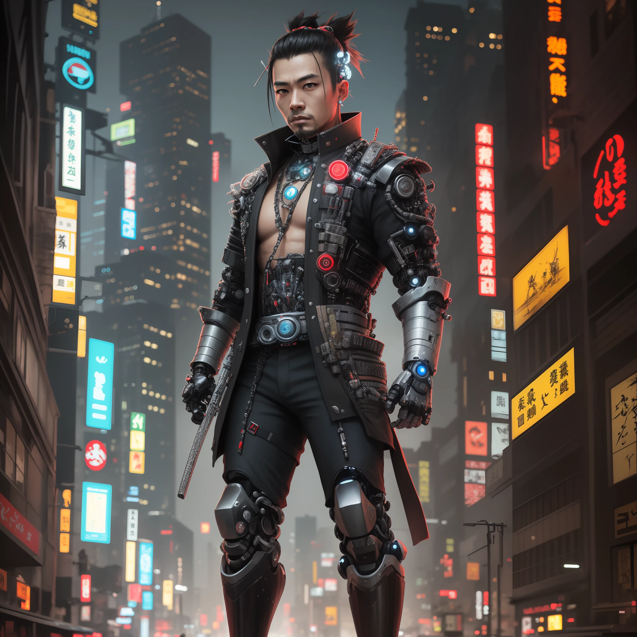 a full body up of a male cybernetic samurai, image size 1:1, cyberpunk samurai, cyberpunk angry looking cybernetic samurai, cyberpunk samurai, cyberpunk geisha, hyper-realistic cyberpunk style, portrait of a cyberpunk samurai, cyberpunk horror style, cyberpunk cyborg wasp, advanced digital cyberpunk art, cyberpunk art ultrarealistic 8k, cyberpunk robotic, portrait of a cyborg samurai --auto --s2