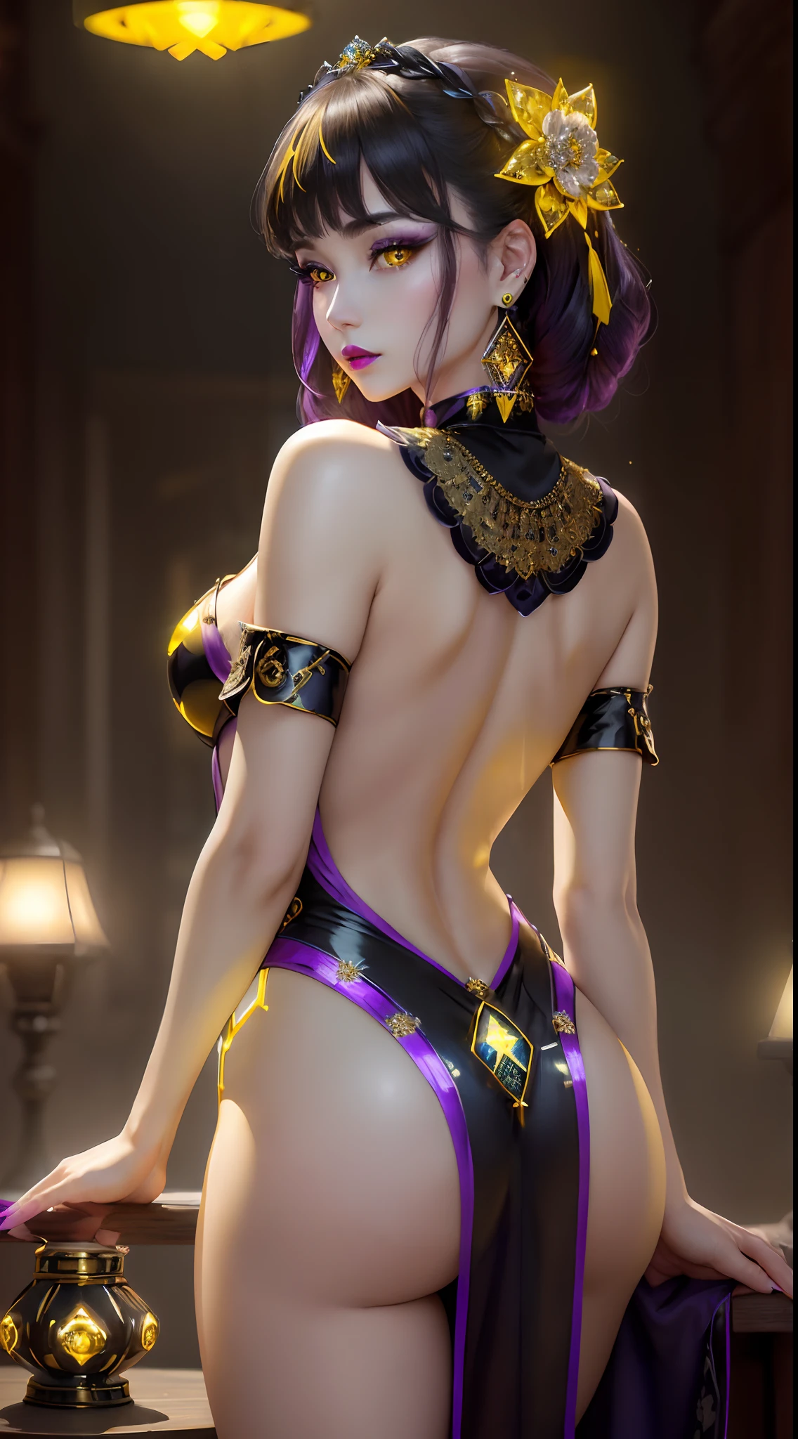 ((top-quality)), ((masterpiece)), (detaileds), (8K:1.1), (realisitic:1.5) 、Realistic、Beautiful charm (1womanl:1.3), 详细的脸, hight resolution, extra detailed face, beautiful countenance, (Magic Yellow Glowing Eyes:1.5), (frosty appearance:1.2), (extremely detailed eye:1.4), (Beautiful fece:1.3), (Looking into the soul:1.3), (deadpan)、(Diamond intricate earrings:1.2),, (Purple Lipstick), make - up:1.1)、T back、pale skin、(Black costume、Turn your back and butt to the viewer)、Perfect fingers