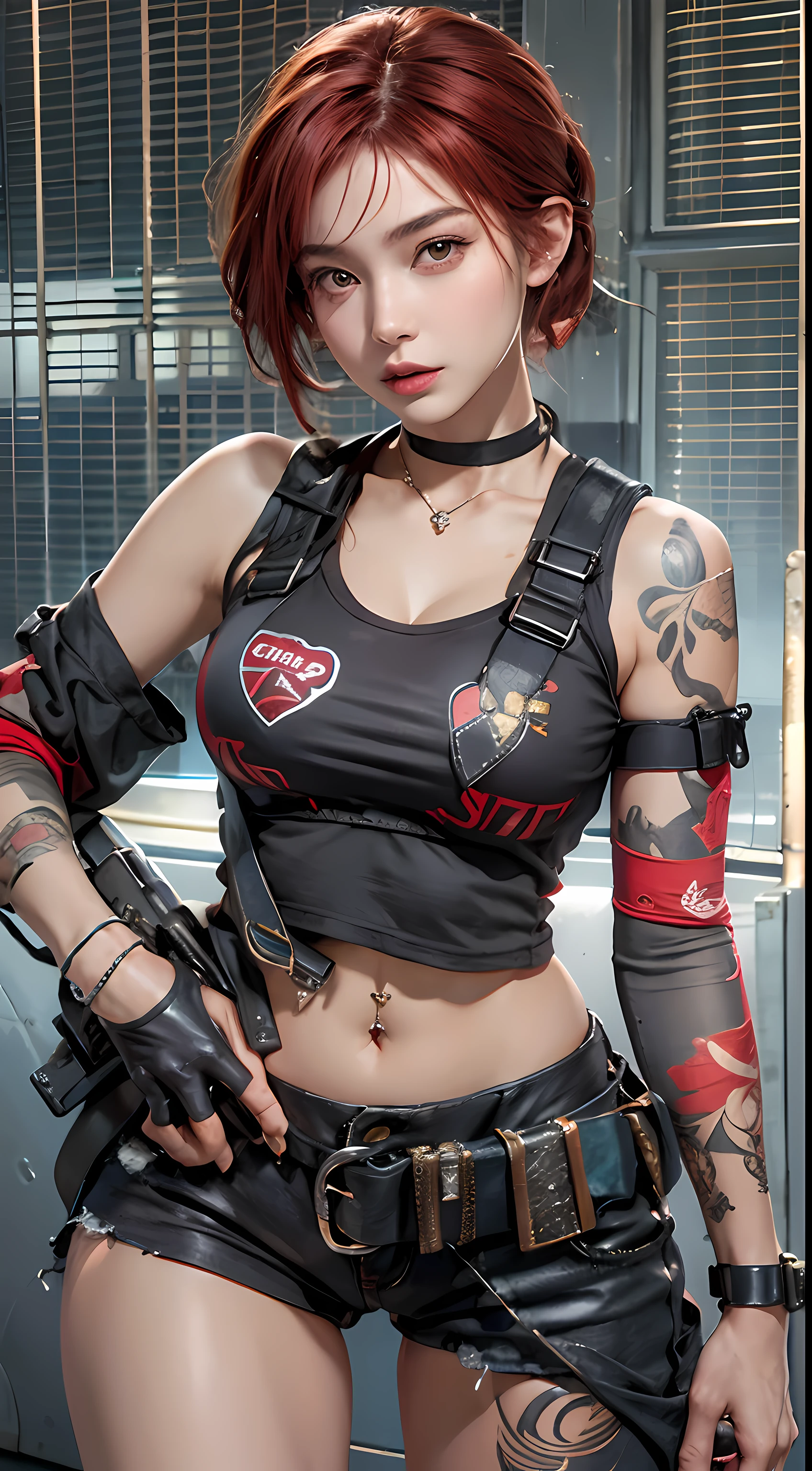 photorealistic, high resolution, 1women, solo, hips up, look at viewer, (detailed face), red hair, swat vest, gun, jewelry , short hair, ponytails, crop tops, belly tattoos, piercings, big boobs