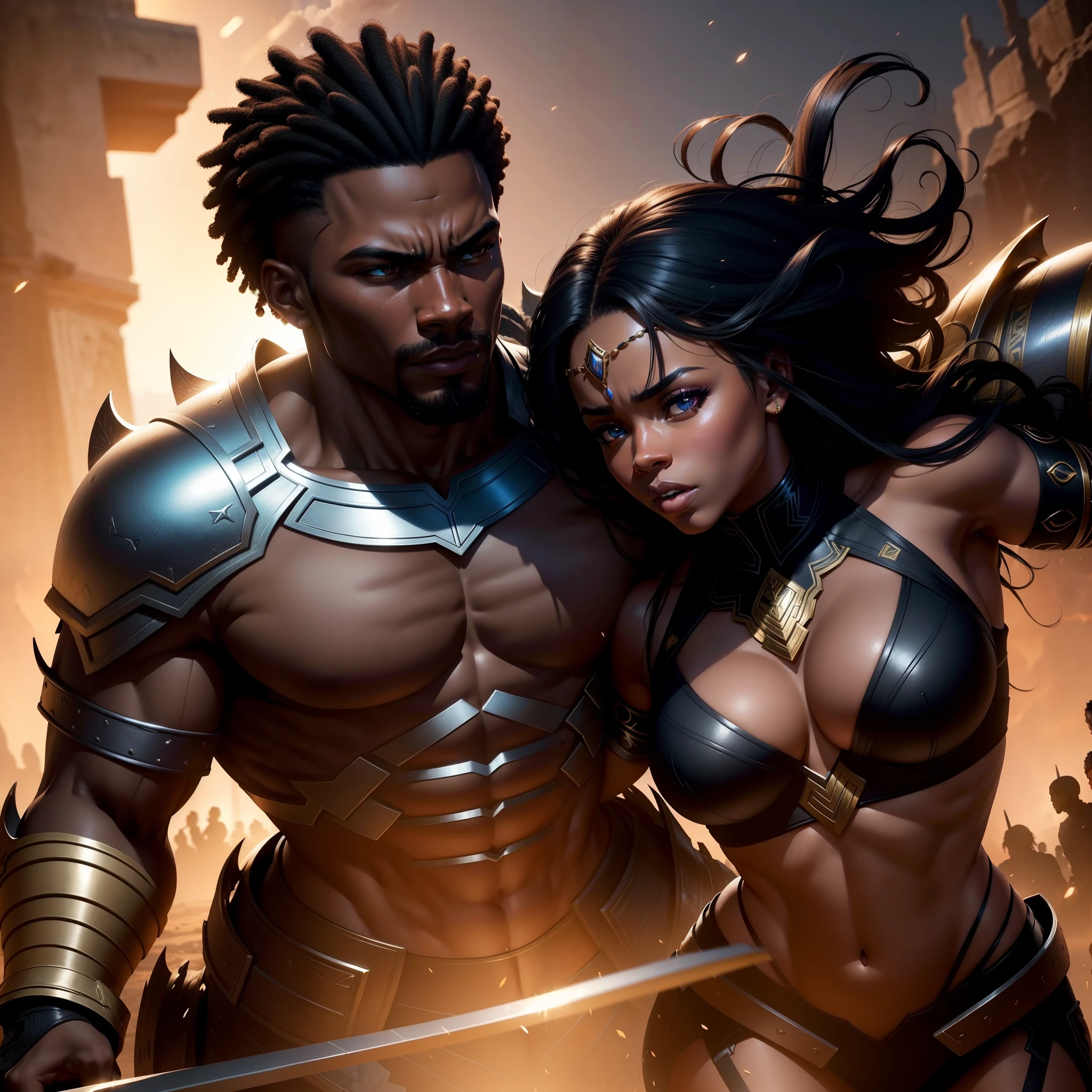 Beautiful black African couple, muscular black man and curvy African woman fighting enemies in battle with their armies and protecting each other,  with iridescent light, highly detailed images, vibrant beautiful colours, photorealistic image, 8k, ultra HD, unreal engine rendered, cinematic lighting, artgerm style,