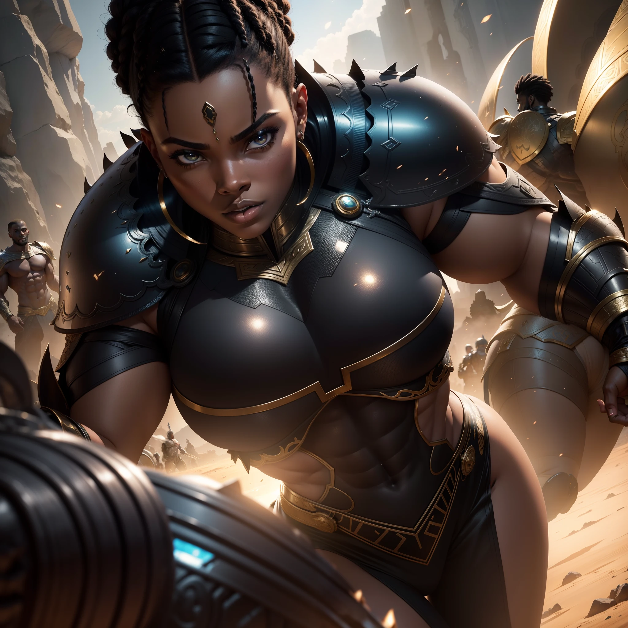 Beautiful black African couple, muscular black man and curvy African woman fighting enemies in battle with their armies and protecting each other, with iridescent light, highly detailed images, vibrant beautiful colours, photorealistic image, 8k, ultra HD, unreal engine rendered, cinematic lighting, artgerm style,