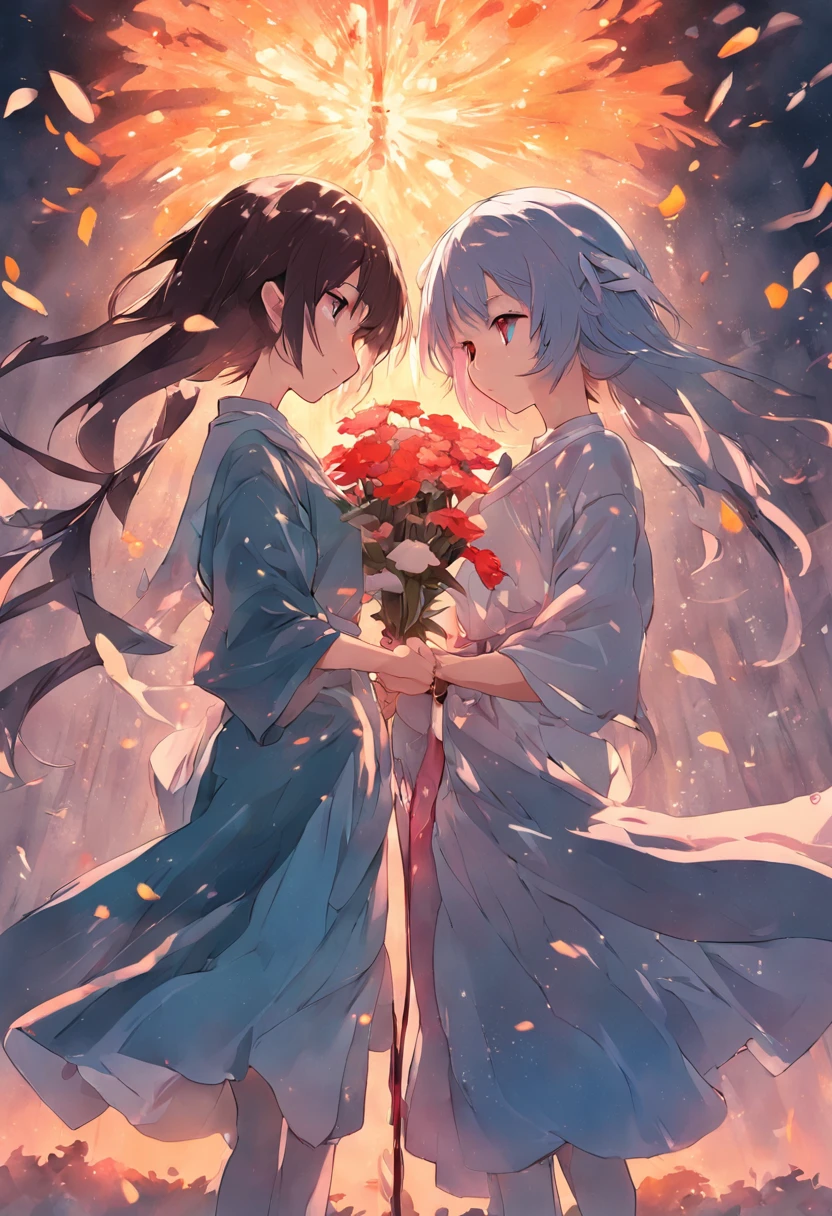 two girl standing facing each other , one girl holding bunch of flower in one hand, other hand holding dagger, hide on her back, both smiling