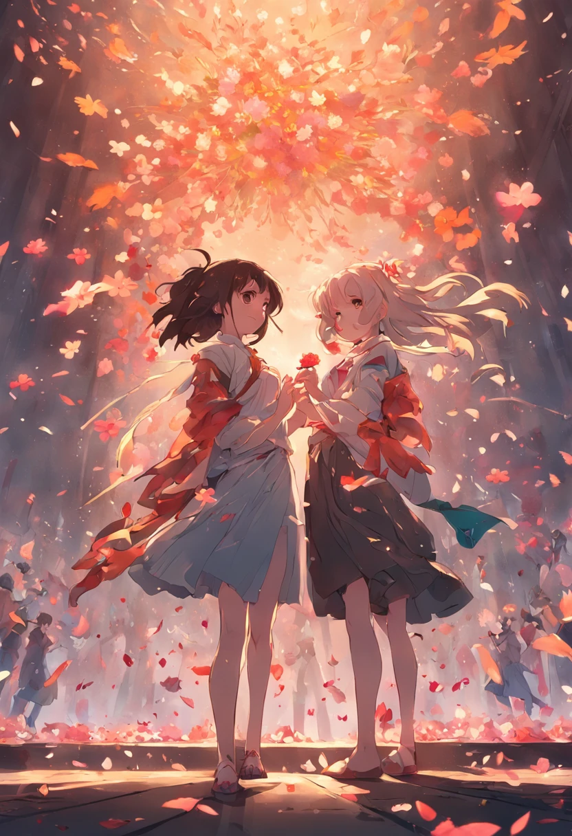 two girl standing facing each other , one girl holding bunch of flower in one hand, other hand holding dagger, hide on her back, both smiling