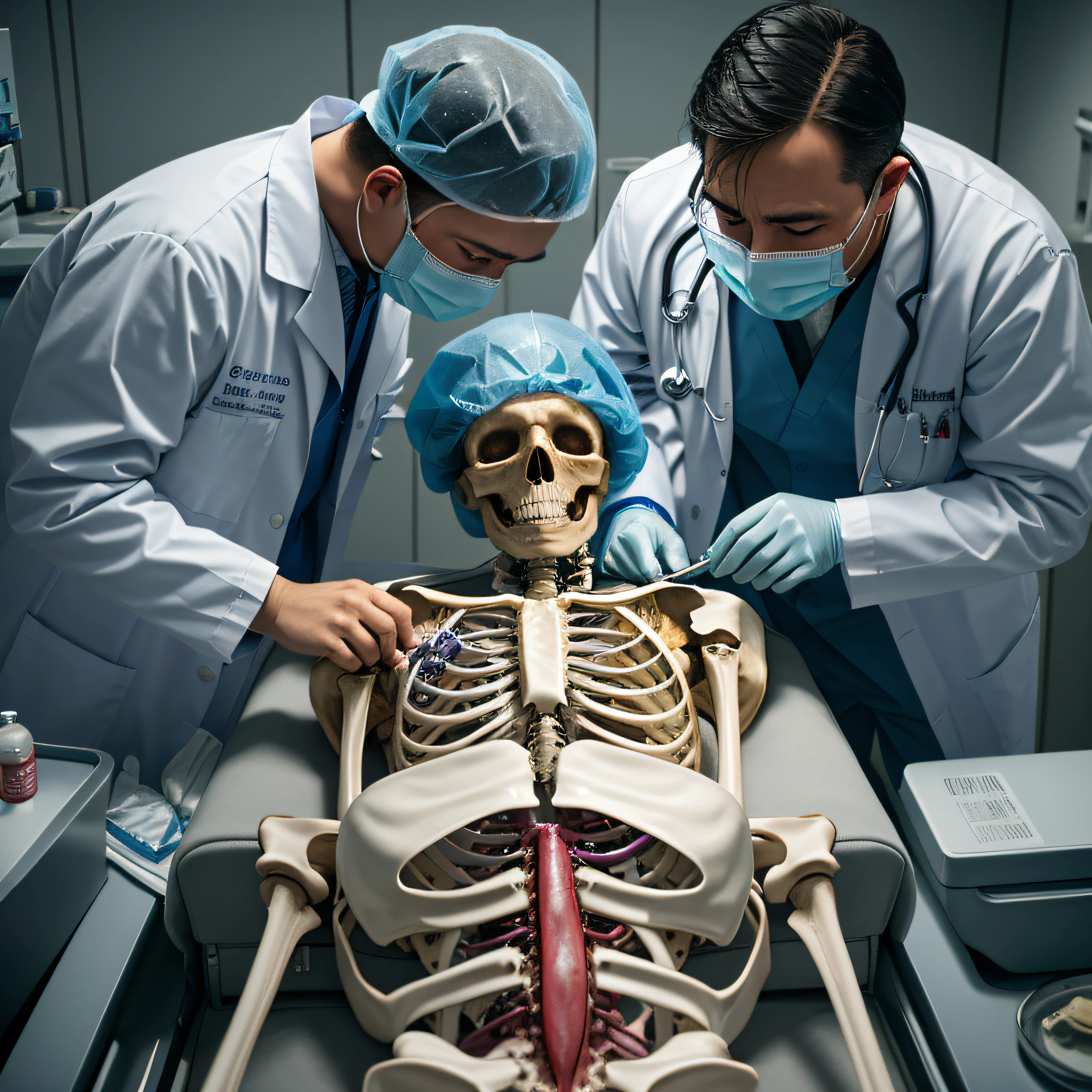 Two doctors examine a skeleton in a hospital room with a patient, medical dissection, medical photography, medical autopsy, anatomia hiper-realista, dead body, hyperrealistic anatomy content, hiper realista ", hiper realista", surgeon, on an operating table, an autopsy aun corpse, horror fotorrealista, filme hiper-realista, cena de pesadelo hiperrealista, Directed by: Kurt Roesch