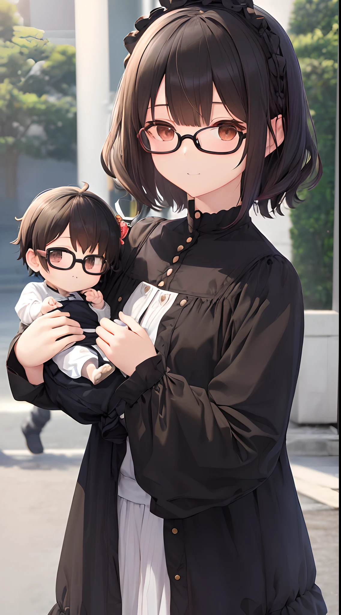 (masutepiece, Best Quality, Capture super cute moments, depth of fields, ultra-detailliert, Ultra High Resolution, C4D, Octadale, 3D Modeling, 8K, 16 K, one girls、a junior high school student、A dark-haired、short-hair、straight haired、Light brown eyes,hair adornments、wearing black glasses、Cute face)、Holding a baby