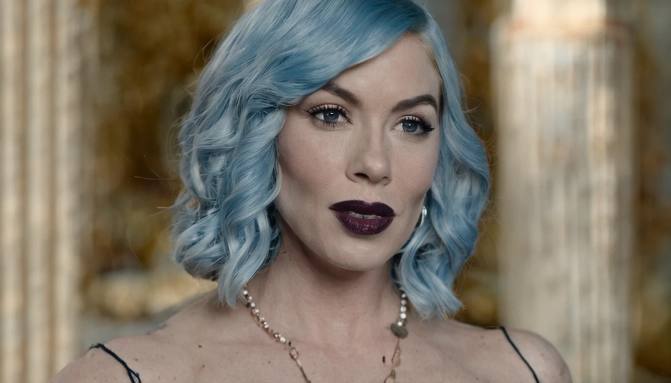 Anna Nicole Smith/Dolly Parton/Christina Hendricks Hybrid, Frankenstein monster, blue hair, bright blue eyes, tender features, slender, completely naked, earrings, full body image head to toe, tattooed, extremely colorful, multicolored watercolor stained wall in the background with an assortment of floral arrangements