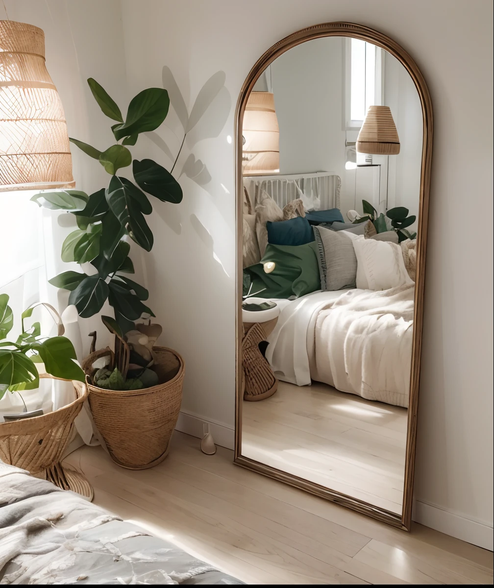 There is a bed and a mirror in a room, espelho redondo na parede, trending on Pinterest，maximalista, mirror and glass surfaces, com um espelho, em um quarto, decoration around the room, fundo espelhado, cozy vibes, com cores rosa suaves, Cottagecore hippie, preenchido com luz natural, em frente a um espelho, Olhar no espelho