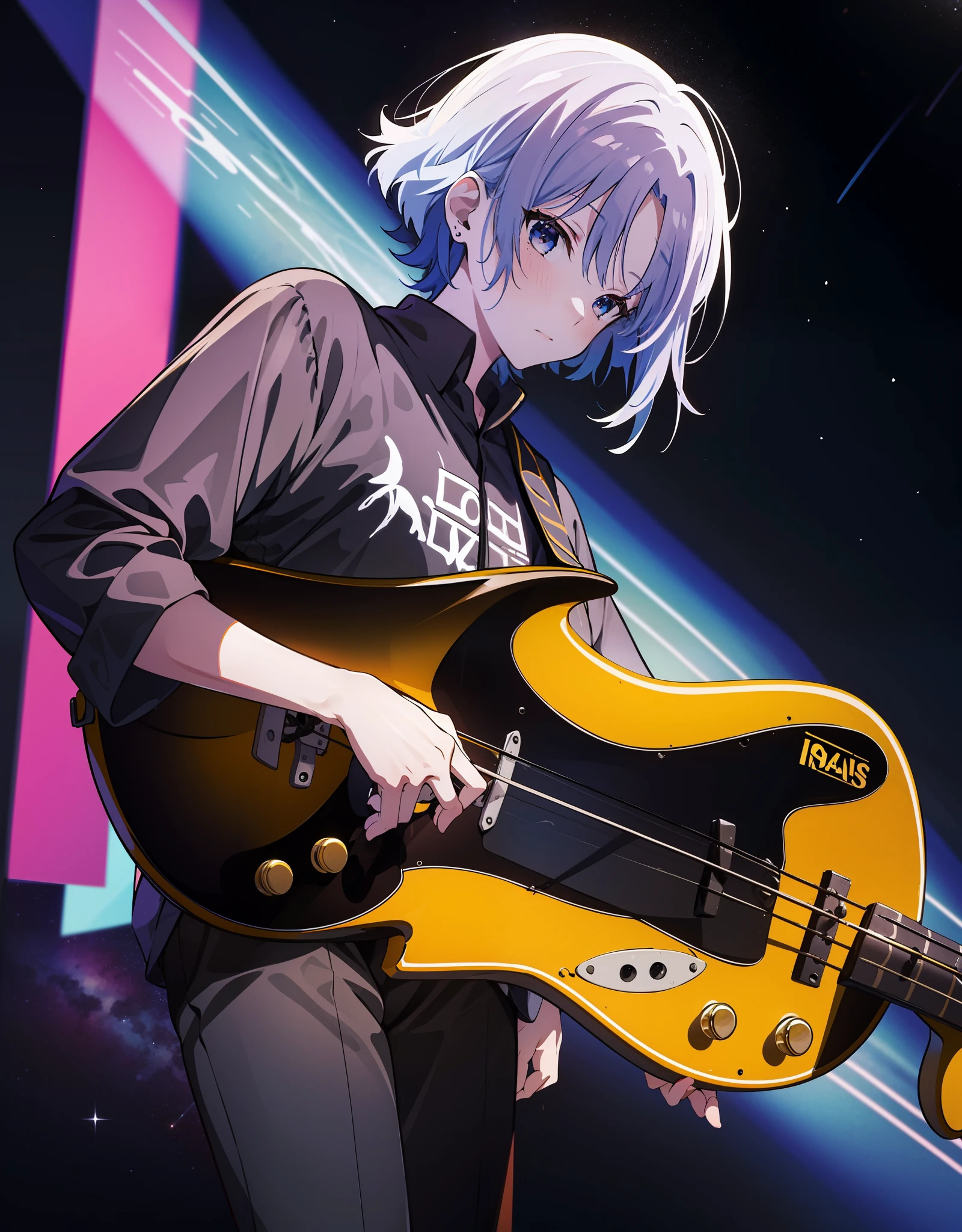 absurd res, high res, (masterpiece:1.4), ultra-detailed, 1girl, from above, space, floating, Ryo Yamada, bass guitar, lonely, depression