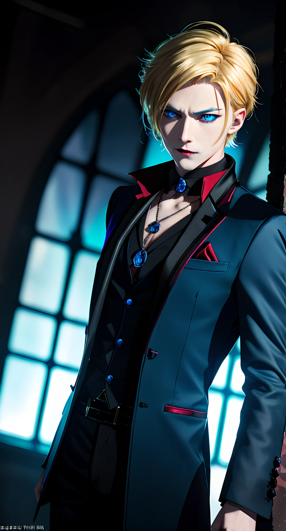 masterpiece, top-quality, 2Others, 1male people,, Adults, Height difference, different color, finely eye and detailed face, intricate detailes, Black Wizarding World Costume, The Magical World of Darkness, A smile, Unhappy, solitude, youthfulness, high-level image quality、 beautiful man、tall、Diabolical, villainess, window、𝓡𝓸𝓶𝓪𝓷𝓽𝓲𝓬、British men, Idol Photos, photo of a model, k pop, Professional Photos, ((Vampire)), Fedoman with necklace, inspired by Sim Sa-jeong, androgynous vampire, :9 detailed face: 8, extra detailed face, detailed punk hair, ((Light blue eyes)) baggy eyes, Seductive. Highly detailed, semi realistic anime, Vampires, hyperrealistic , delicate androgynous prince, imvu, short hair above the ears, Man with short hair, Glaring expression, Angry look, ((British man with short blonde hair and light blue eyes)), ((Darkness attribute))