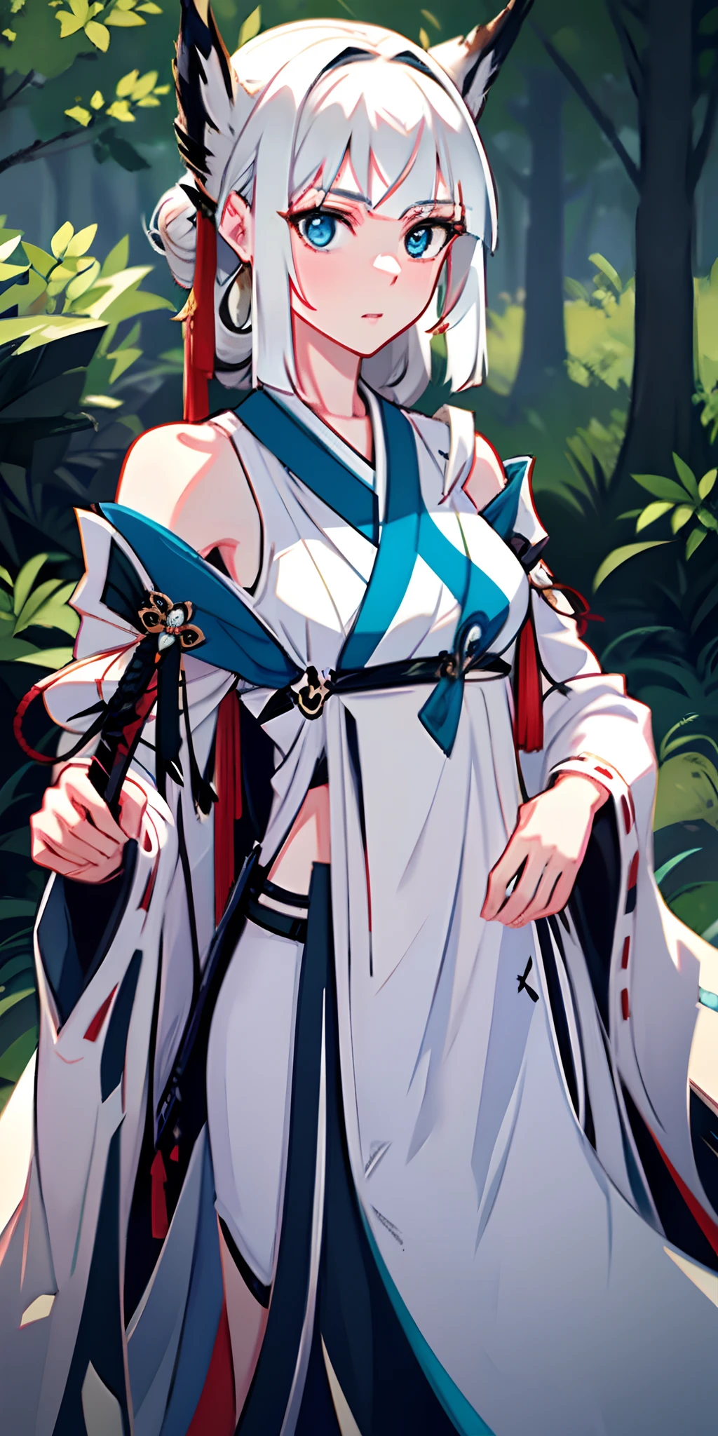 A rich detail，Stunning CG quality，A female warrior with long white hair in the forest，She is a seductive elven princess knight，At the same time, it also shows the image of the girl of the zodiac，She carried a sword on her shoulder，As detailed as Artgerm's work，Her image combines Ayaka in Genshin with the charm of Tatalia，This beautiful woman has white hair，As if incarnated by Madame Palutna。