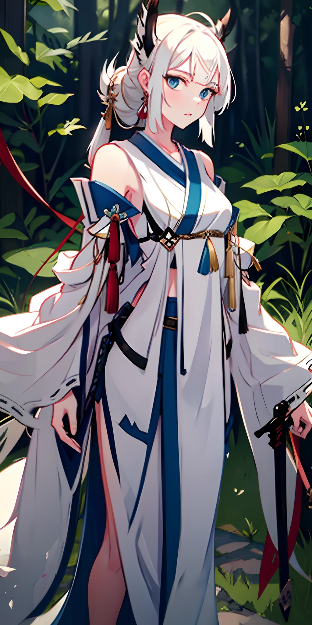 A rich detail，Stunning CG quality，A female warrior with long white hair in the forest，She is a seductive elven princess knight，At the same time, it also shows the image of the girl of the zodiac，She carried a sword on her shoulder，As detailed as Artgerm's work，Her image combines Ayaka in Genshin with the charm of Tatalia，This beautiful woman has white hair，As if incarnated by Madame Palutna。