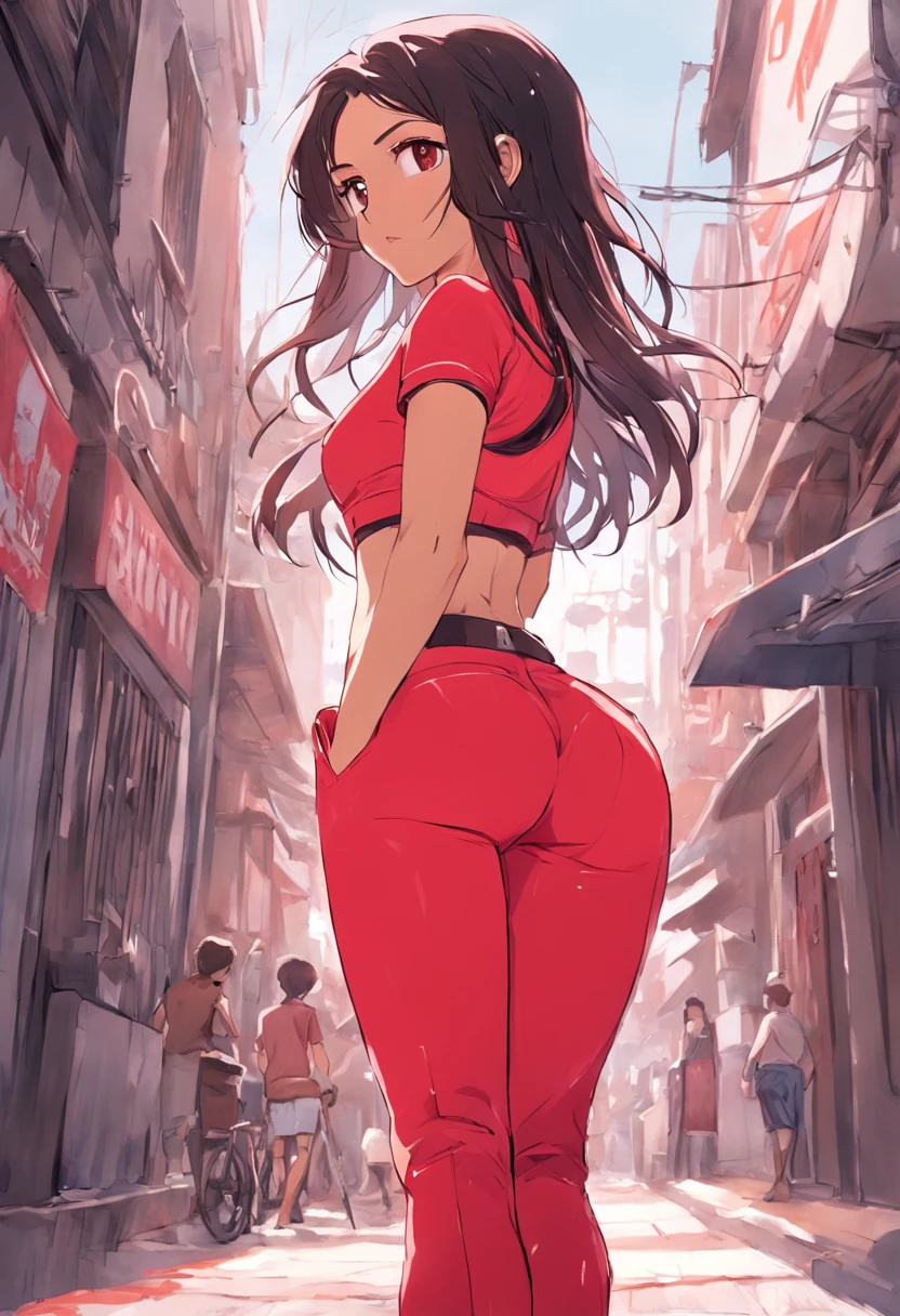 Beautiful Latina woman in sports red pants and red top standing on the sidewalk, usando regata vermelha, tanque vermelho, cintura fina, Midriff Nu, midriff exposto, usando um top cropped sexy, Encaixe figura delicada, usando uma roupa vermelha, red bra, tinyest midriff ever, roupas vermelhas, foto de modelo de slim