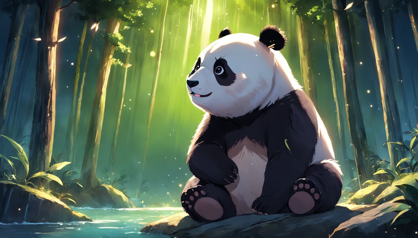 obra-prima, melhor qualidade, filme ainda, 1panda, panda nuvem, surfando no mar, Close-up, brilhante, Feliz, Soft lighting and Warm, noite, A panda in a forest looking up at the starry sky pointing at the stars with its back turned, Starry Sky, (Sparks: 0,7)