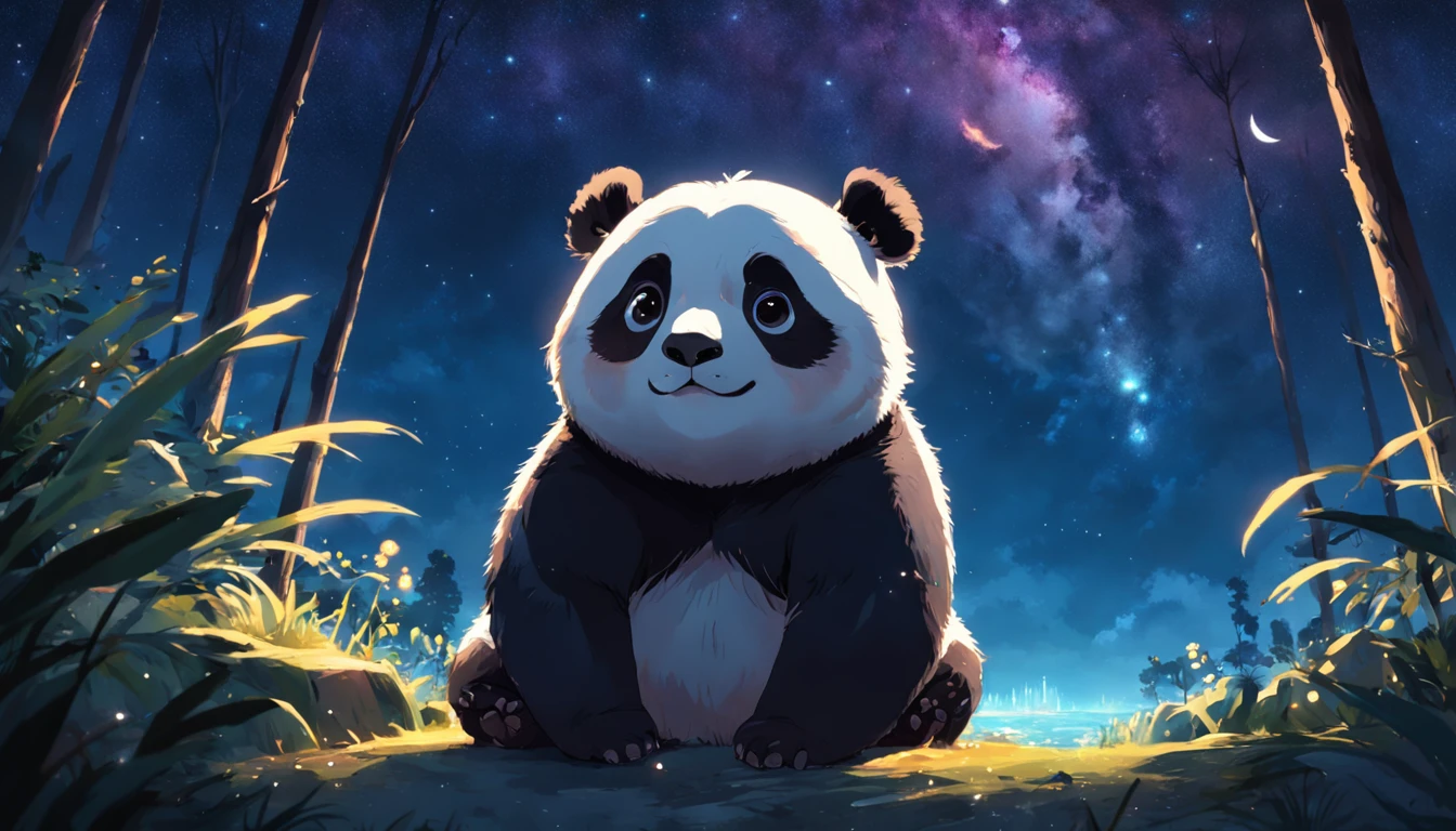 obra-prima, melhor qualidade, filme ainda, 1panda, panda nuvem, surfando no mar, Close-up, brilhante, Feliz, Soft lighting and Warm, noite, A panda in a forest looking up at the starry sky pointing at the stars with its back turned, Starry Sky, (Sparks: 0,7)
