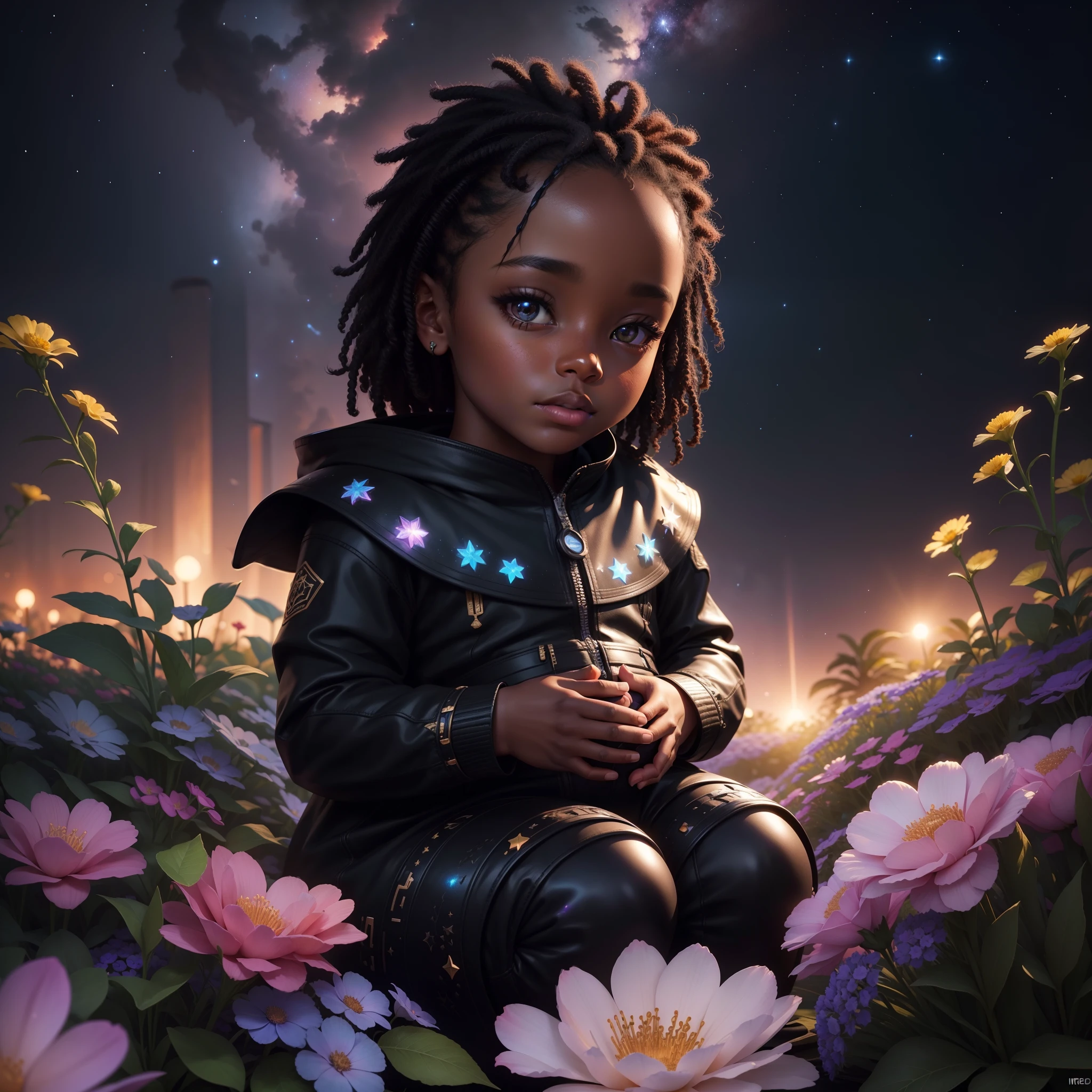 Beautiful black sitting in a garden of flowers, night time sky full of stars, with iridescent light, highly detailed images, vibrant beautiful colours, photorealistic image, 8k, ultra HD, unreal engine rendered, cinematic lighting, artgerm style,