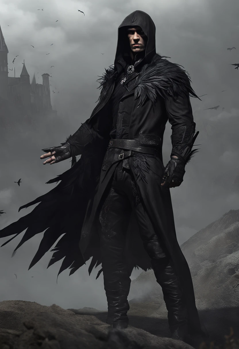 A handsome black-haired man wearing shady clothes like a murderer, he is a rogue with feathers on his clothes in the midst of the valley of dark death, he is the villain of an RPG is wearing dark medieval clothes; Use dark shades;, The image has to portray the essence of a villain and the essence of the crow it is inspired by the crows its dark essence through a medieval RPG art Conceptual Game Art