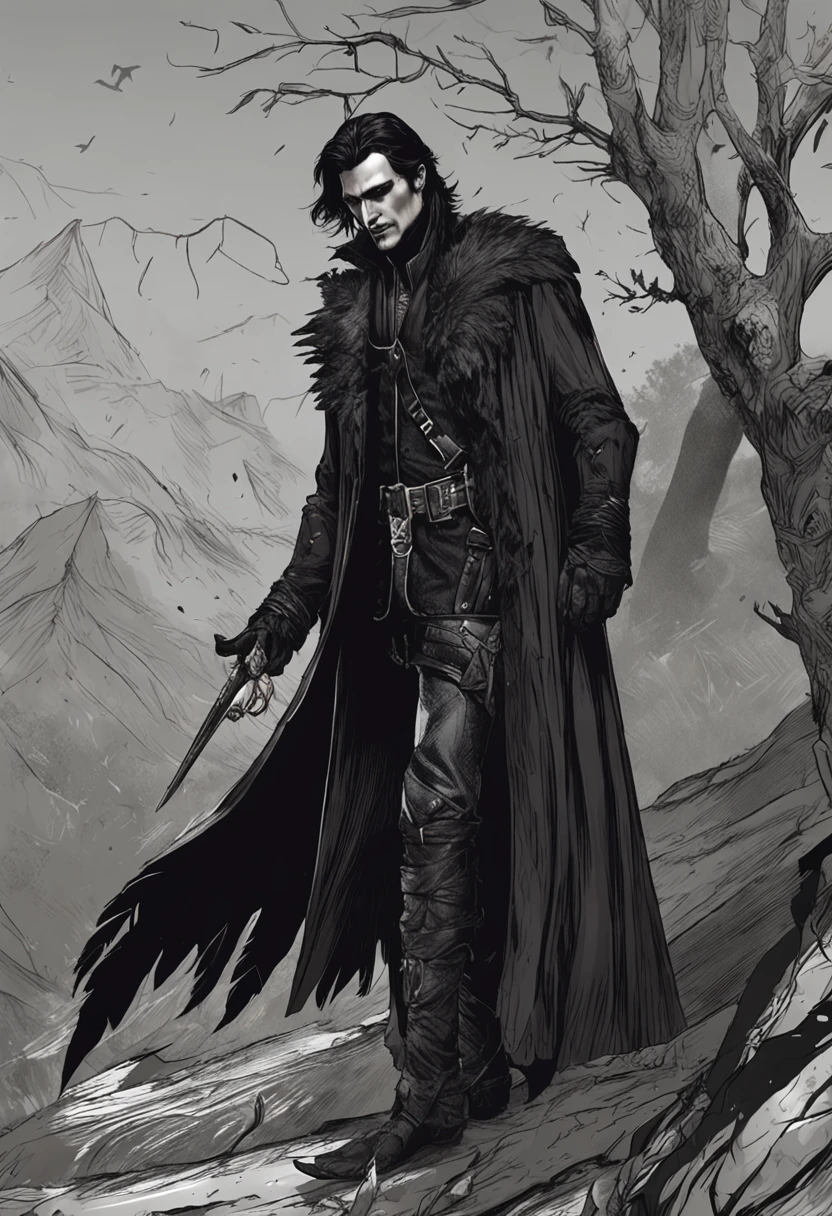 A handsome black-haired man wearing shady clothes like a murderer, he is a rogue with feathers on his clothes in the midst of the valley of dark death, he is the villain of an RPG is wearing dark medieval clothes; Use dark shades;, The image has to portray the essence of a villain and the essence of the crow it is inspired by the crows its dark essence through a medieval RPG art Conceptual Game Art
