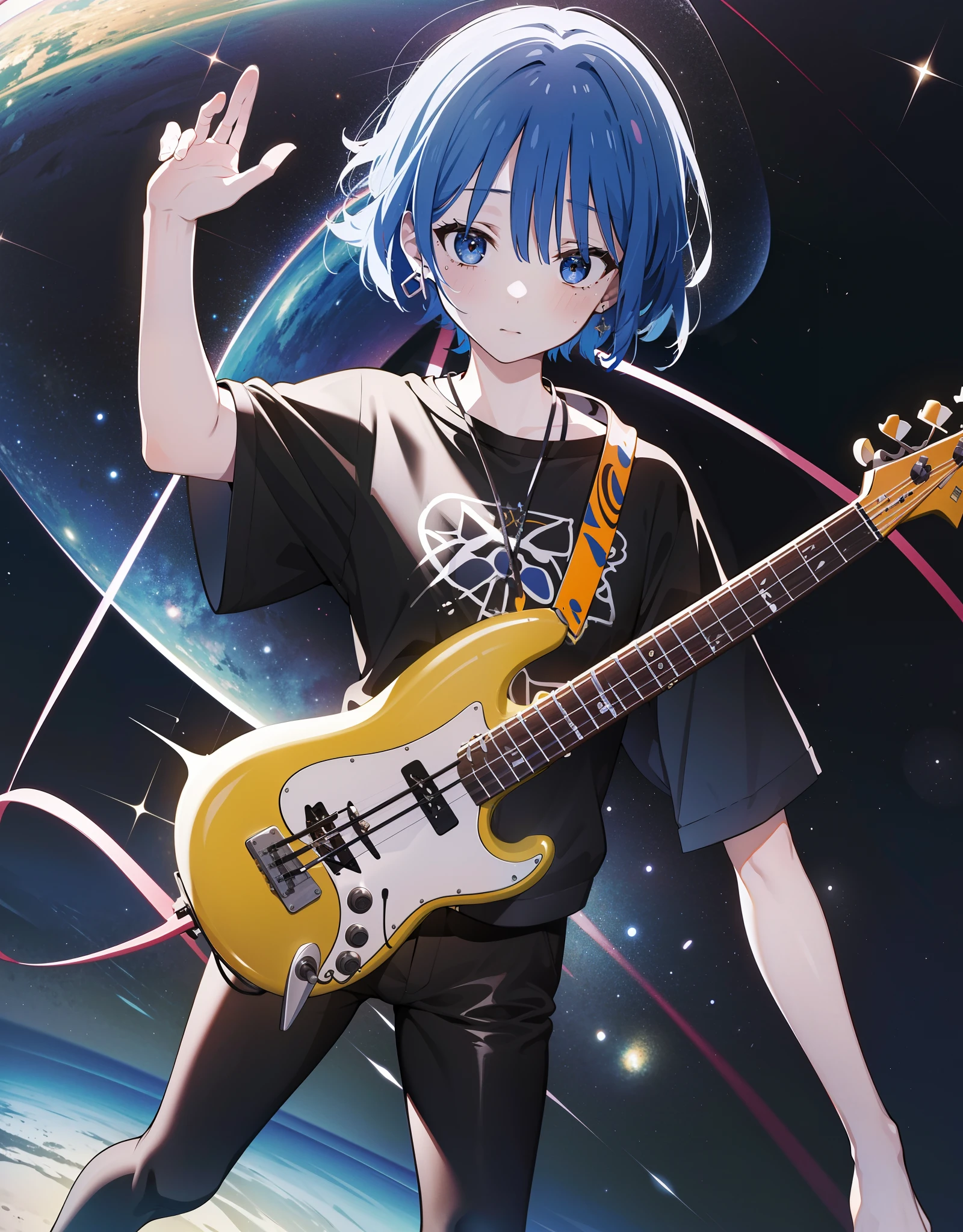 absurd res, high res, (masterpiece:1.4), ultra-detailed, 1girl, from above, space, floating, Ryo Yamada, bass guitar, lonely, depression