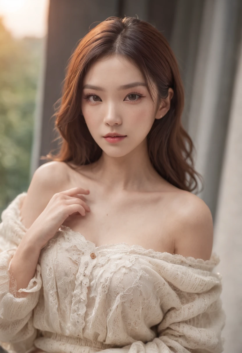 best quality ,masterpiece,ultra high res,(photo realistic:1.4), 1 girl, looking at viewer, Wearing oversized off-shoulder knit over lingerie, korean famous actress, very beautiful,kawaii, Cinematic, 35mm lens, f/ 1. 8, accent lighting, 8k, at luxury hotel