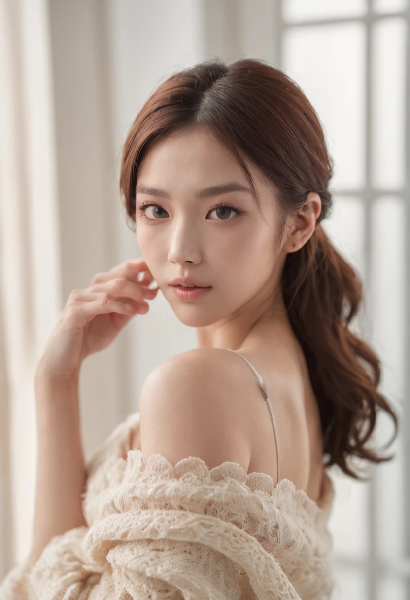 best quality ,masterpiece,ultra high res,(photo realistic:1.4), 1 girl, looking at viewer, Wearing oversized off-shoulder knit over lingerie, korean famous actress, very beautiful,kawaii, Cinematic, 35mm lens, f/ 1. 8, accent lighting, 8k, at luxury hotel