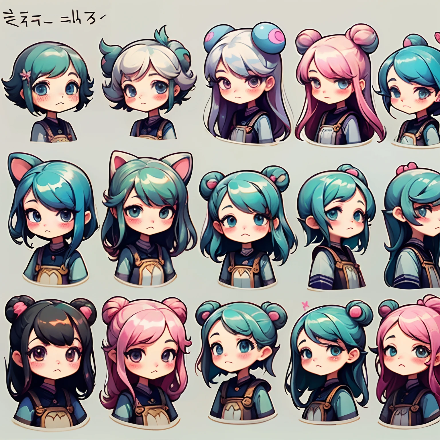CharacterDesignSheet、the same character、gauges、across、soles)、illustratio、女の子1人、Pink and light blue、bangss、hairstyle semi long、The eye、Environmental changes、White background、Various expressions