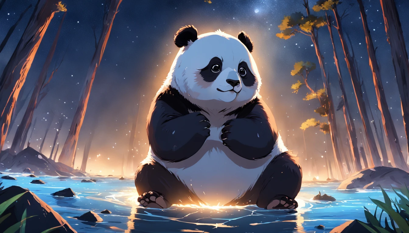 obra-prima, melhor qualidade, filme ainda, 1panda, panda nuvem, surfando no mar, Close-up, brilhante, Feliz, Soft lighting and Warm, noite, A panda in a forest looking up at the starry sky pointing at the stars with its back turned, Starry sky, (Sparks: 0,7)