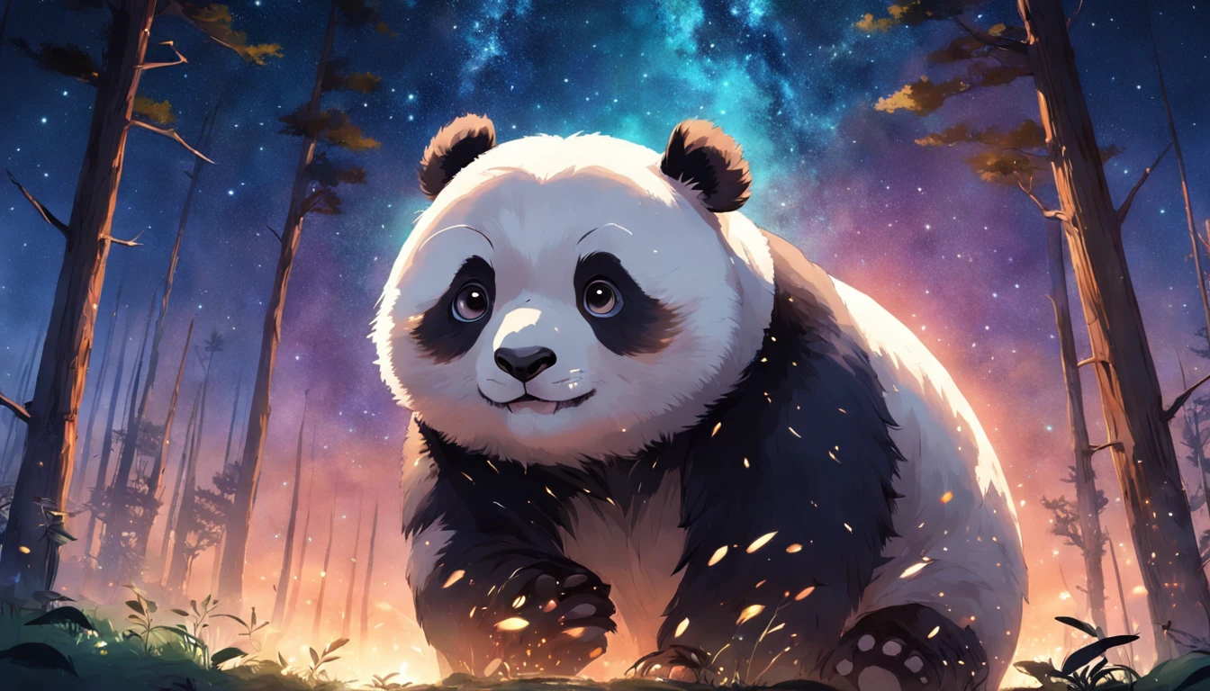 obra-prima, melhor qualidade, filme ainda, 1panda, panda nuvem, surfando no mar, Close-up, brilhante, Feliz, Soft lighting and Warm, noite, A panda in a forest looking up at the starry sky pointing at the stars with its back turned, Starry sky, (Sparks: 0,7)