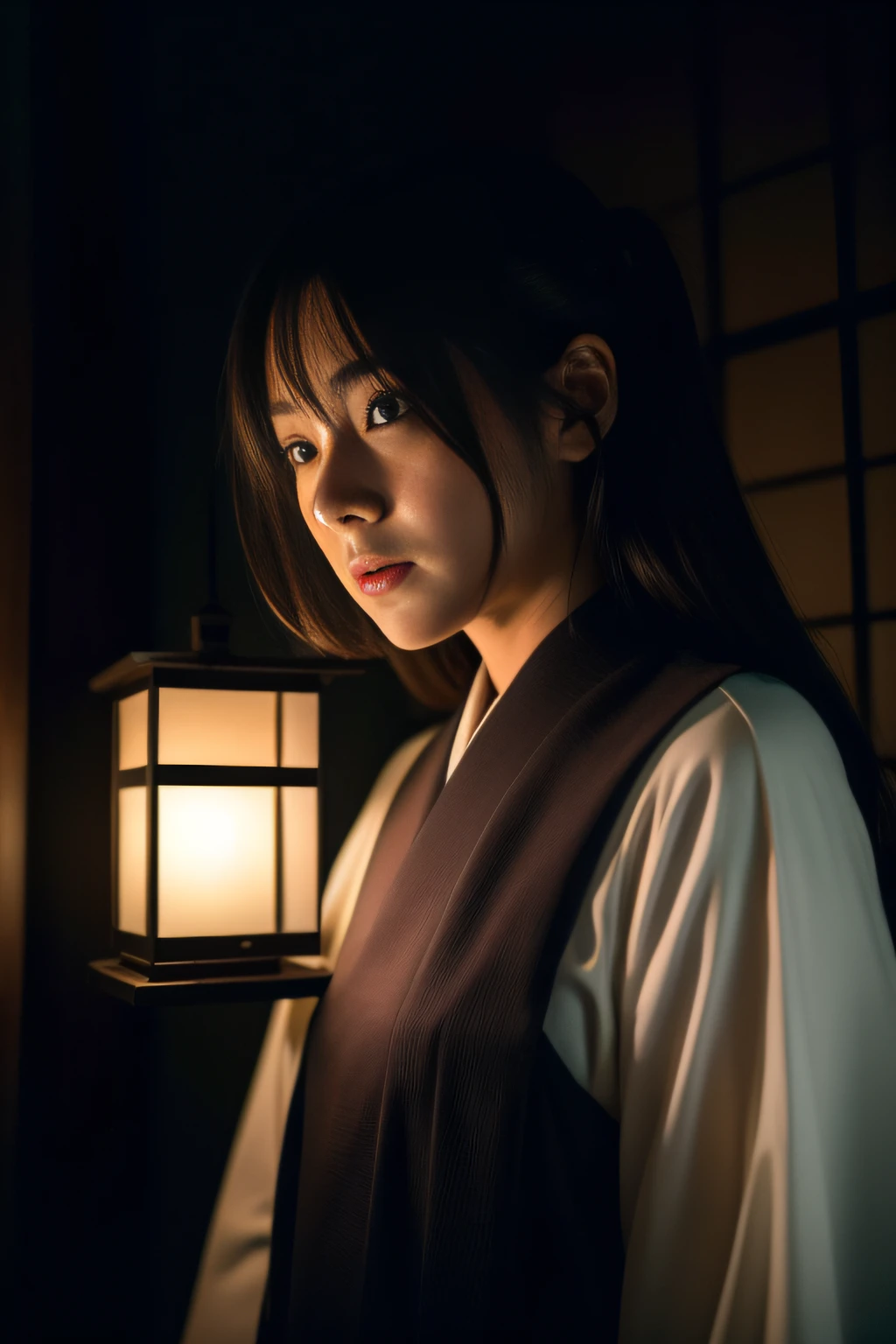 (masterpiece、high-level image quality、hightquality)、(Young beauty ghost)、Female Ghost Story,(Japan Ghost Story)、Horrific、Amazing beauty、爆乳、Excellent style、Mind-boggling images、She looks like a model actress in Japan.glossy、 Beauty Yokai、Dimmed lights.lantern、agitation、canny、vhorrified、Japanese houses、Night Darkness、(fiction、Horror Pictures、ghosts)、