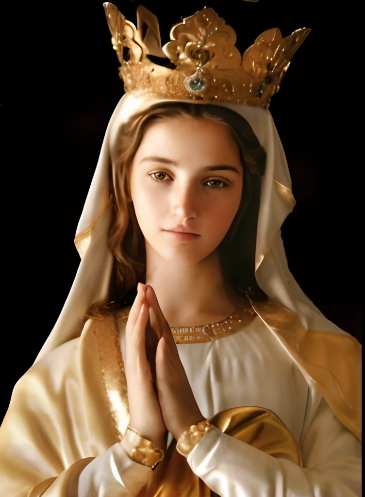 (((Blessed Virgin Mary and the Jesus. 19 years old))) ((( Con una cara seria y piadosa. Con una mirada dulce y tierna))) (obra maestra, calidad superior, mejor calidad, arte oficial, beautiful and aesthetic: 1.2), (1girl), extremadamente detallado, (Arte fractal: 1.3), colorido, highest detailed, Cara perfecta, parte superior del cuerpo, HDR, (orando: 1.3), (golden lines of white coat: 1.2), galaxia, (rayas de luz), eye-catching visuals, (dynamic stripes, senderos luminosos: 1.2), colores vibrantes,