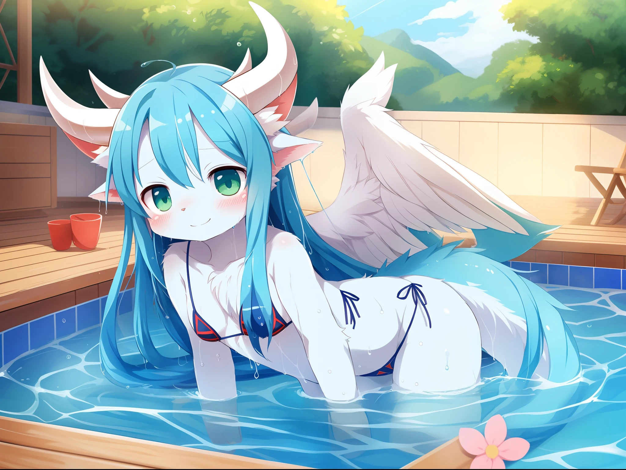 1boy, solo, swimming pool, outside, a cat with green eyes and small feathered wings, but as an anthropomorphic blue dragon lies on water, wearing a micro bikini, (wet fur:1.4), silver long hair, anime long hair, detailed hair, (white horns:1.4), blue body fur, young male anthro dragon, feminine body, sfw version, furry anime, realistic anime cat, but bragon, very cute face, blushing, by dagasi, yupa, kiyosan, playful, young, detailed background, detailed fanart, pixiv, digital painting, masterpiece, high quality, highres