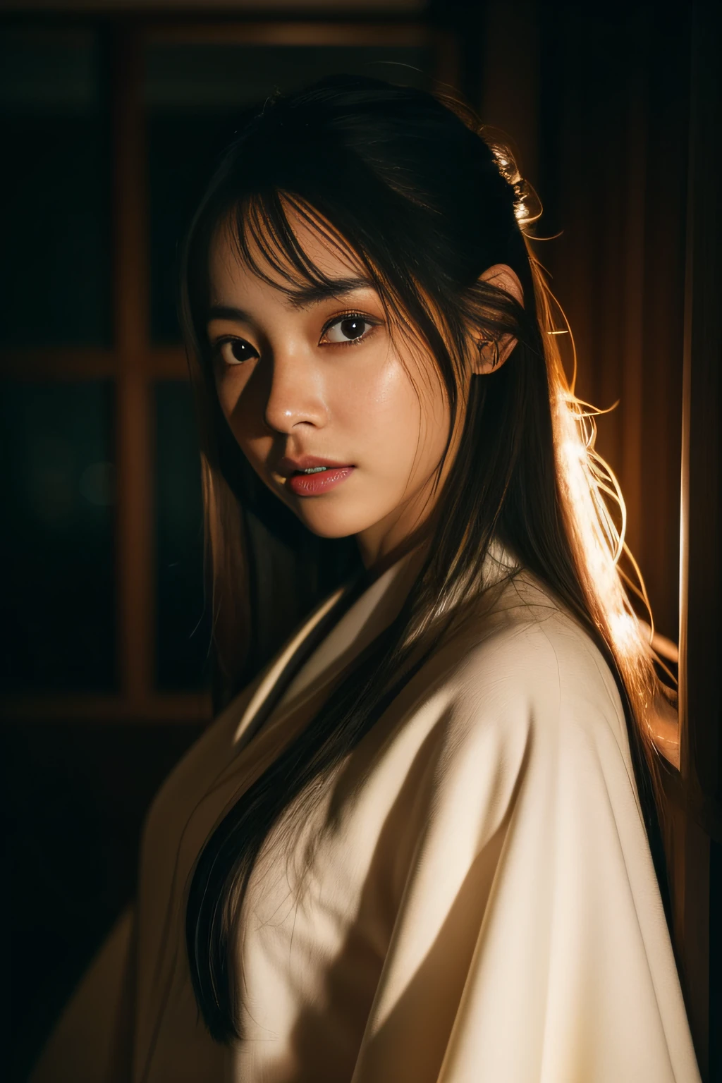 (masterpiece、high-level image quality、hightquality)、(Young beauty ghost)、Female Ghost Story,(Japan Ghost Story)、Horrific、Amazing beauty、爆乳、Excellent style、Mind-boggling images、She looks like a model actress in Japan.glossy、 Beauty Yokai、Dimmed lights.lantern、agitation、canny、vhorrified、Japanese houses、Night Darkness、(fiction、Horror Pictures、ghosts)、