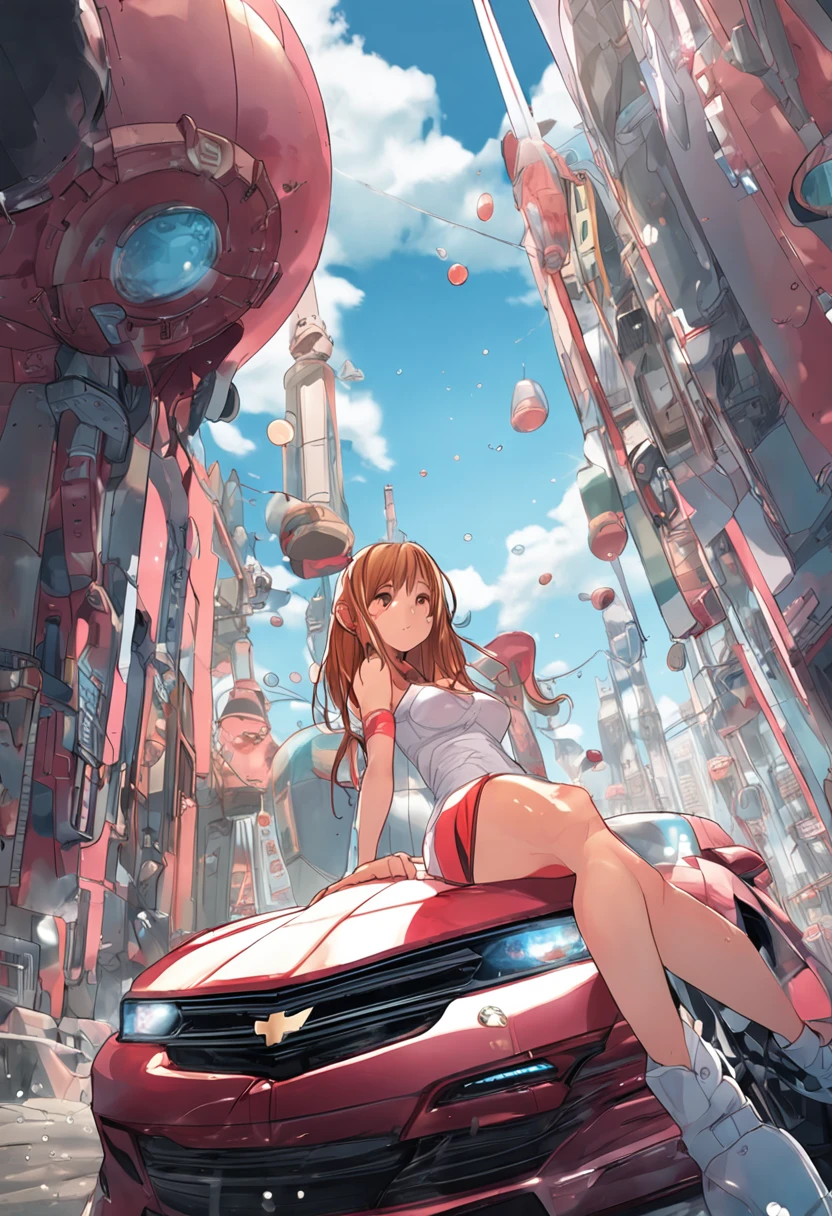 A car called Corvette　Young Woman Standing Beside　Huge in swimsuit　Bubbles　sao asuna