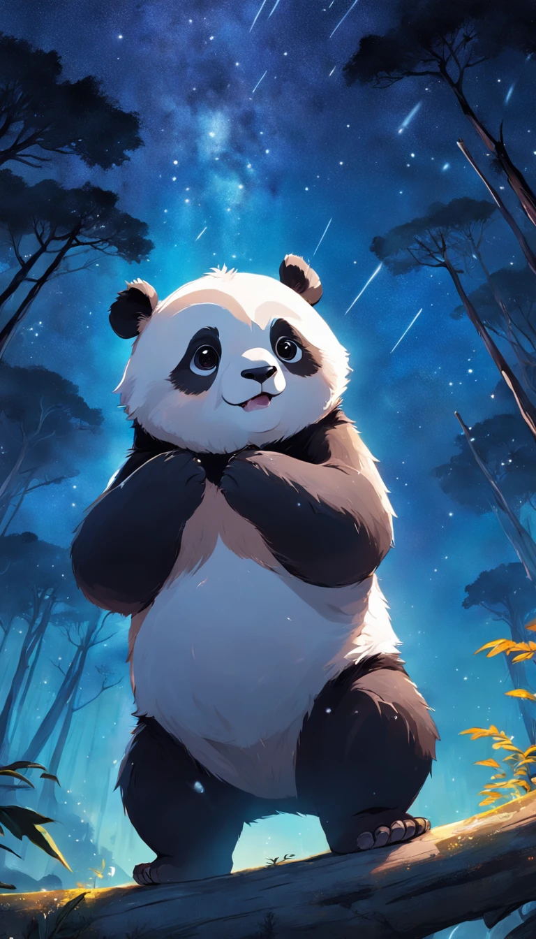 obra-prima, melhor qualidade, filme ainda, 1panda, panda nuvem, surfando no mar, brilhante, Feliz, Soft lighting and Warm, noite, A panda in a forest looking up at the starry sky pointing at the stars with its back turned, Starry sky, (Sparks: 0,7)