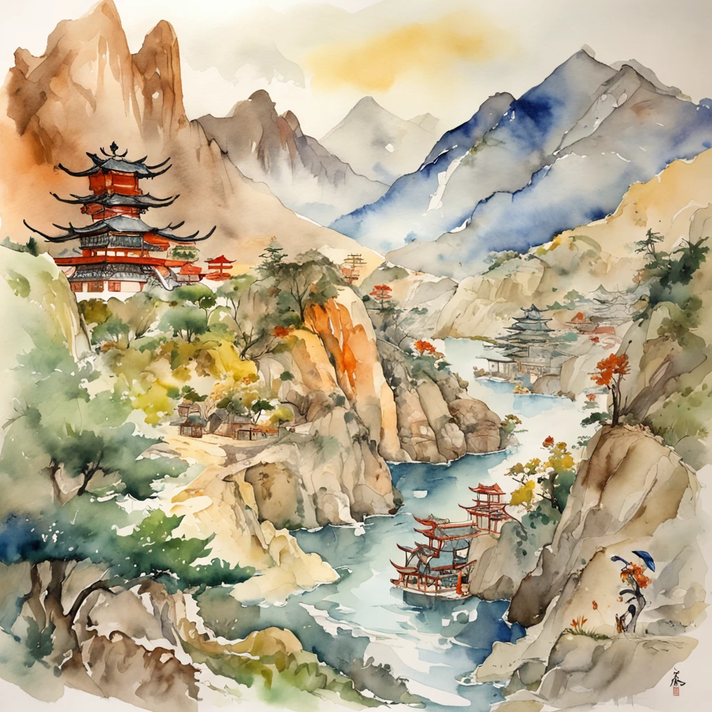Watercolor Paint and Ink Drawing of Japanese Samurai Dragon, Watercolor Painting of a Mountain and a Village in the Desert by James Jean, John William Waterhouse, Gustav Klimt, Frank Lloyd Wright. --w 4096 --h 2160