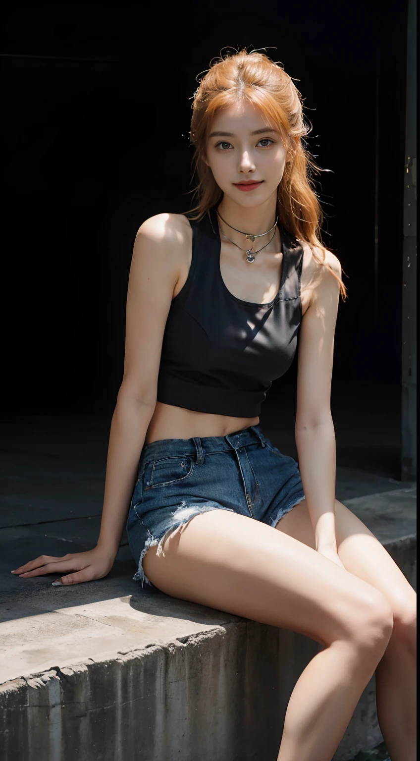 ((Medium chest, tomgirl, small head,a smile)), (Chiseled abdomen: 1.1), (Perfect body: 1.1), (longwavy hair: 1.2), light orange hair, Collar, chain, Full body photo, Full body photo,The background is a Chinese city,Chinese big breasts,Chinese big breasts, dark backgrounds,Wearing a black tank top, Denim shorts, ((Shorts)), (Very detailed CG 8k wallpaper), (A very delicate and beautiful masterpiece), (Best Quality: 1.0), (High resolution: 1.0), Beautiful lighting, Perfect Lighting, Realistic Shadows, [hight resolution], Detailed skin, Ultra-detailed (((Color)))