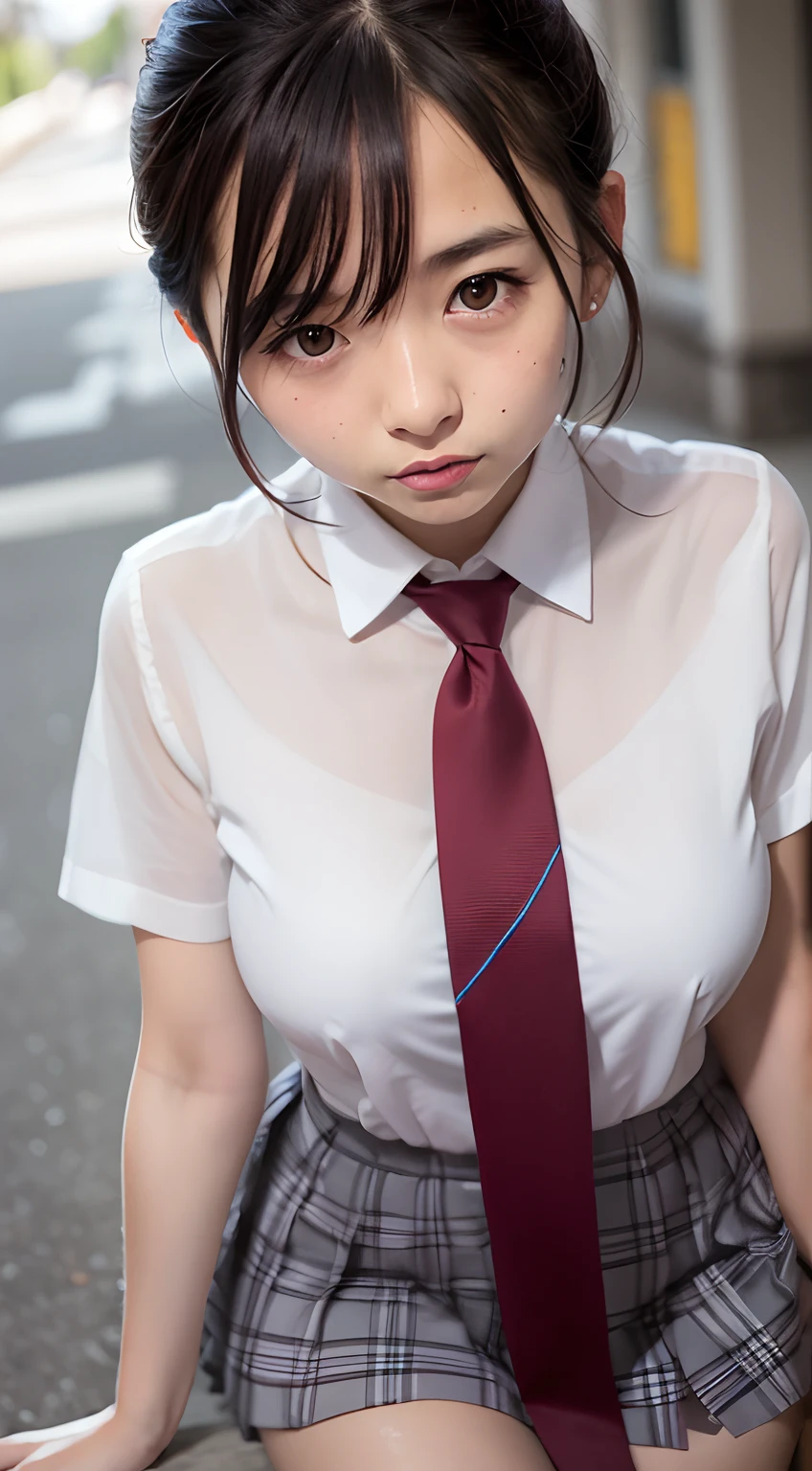 violaceaess, (gardeniass, rosaceaess:0.8), (masutepiece, Best Quality:1.4), Delicate girl, Beautiful short hair, close up, School uniform, White dress shirts, Short sleeve, Dark grey pleated plaid skirt, 8K, 50mm portrait, Raw photo, absurderes, breasts focus, Large breasts, Thin arms, very thin waist, Sat、arching back down, No makeup, A smile、Sophisticated, face lights, clear lighting, Film grain, chromatic abberation, (dark red necktie:1.2), (Wet shirt:1.3), Street, Bokeh, (Simple background:1.2)