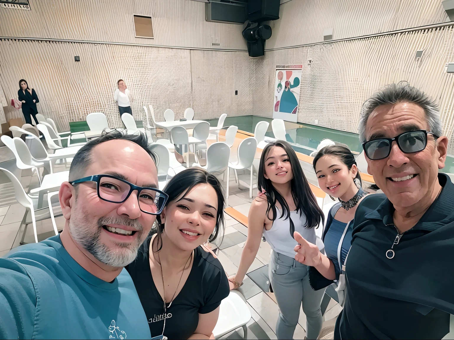 Several people are posing for a photo in a room full of white chairs, Foto realista, In Sao Paulo, Alarcon Cartunista, Fotografia tirada em 2 0 2 0, Directed by: Milton Menasco, album photo, audience selfie, divertindo-se, Directed by: Robert Combas, foto muito precisa, foto selfie, bela foto, Malika Favre