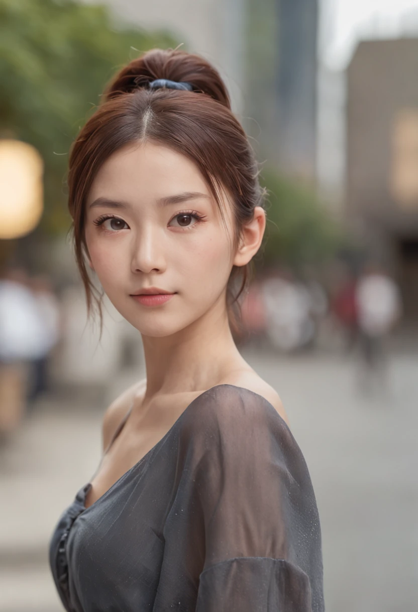 best quality ,masterpiece,ultra high res,(photo realistic:1.4), 1 girl, looking at viewer, Wearing casual dress,ponytail , japan famous actress, very beautiful,kawaii, Cinematic, 35mm lens, f/ 1. 8, accent lighting, 8k, at street of tokyo