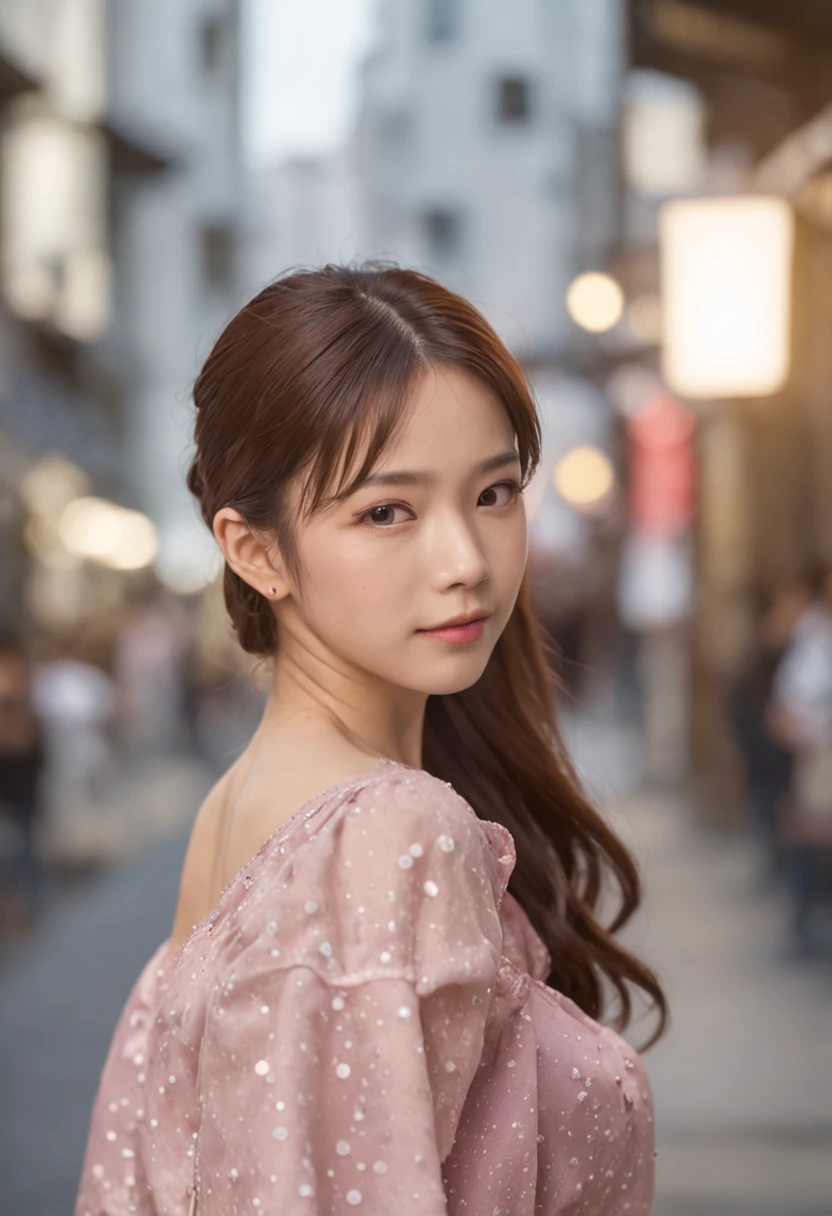 best quality ,masterpiece,ultra high res,(photo realistic:1.4), 1 girl, looking at viewer, Wearing casual dress,ponytail , japan famous actress, very beautiful,kawaii, Cinematic, 35mm lens, f/ 1. 8, accent lighting, 8k, at street of tokyo