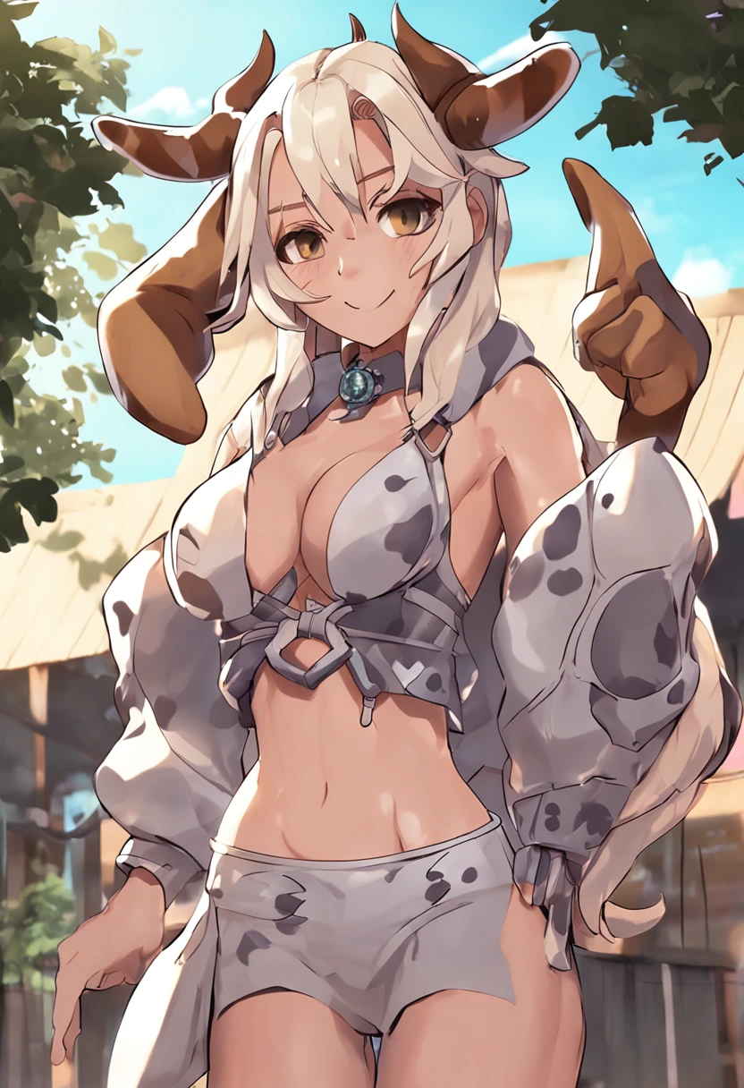 anime girl wearing cow horns, blonde hair, amber eyes, cow bikini, cowbell choker, full body